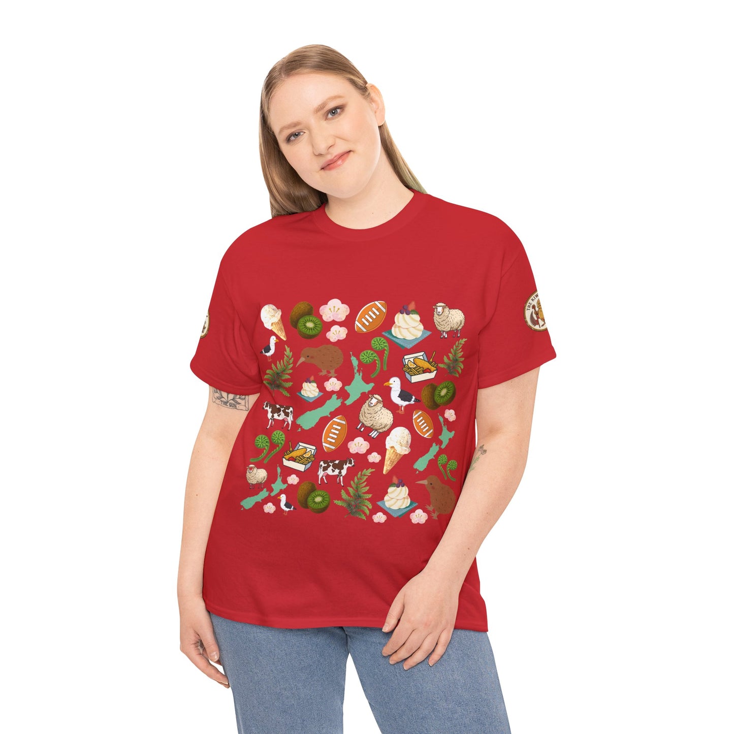 Red Kiwiana T-shirt on model with all-over illustrated Kiwiana graphic