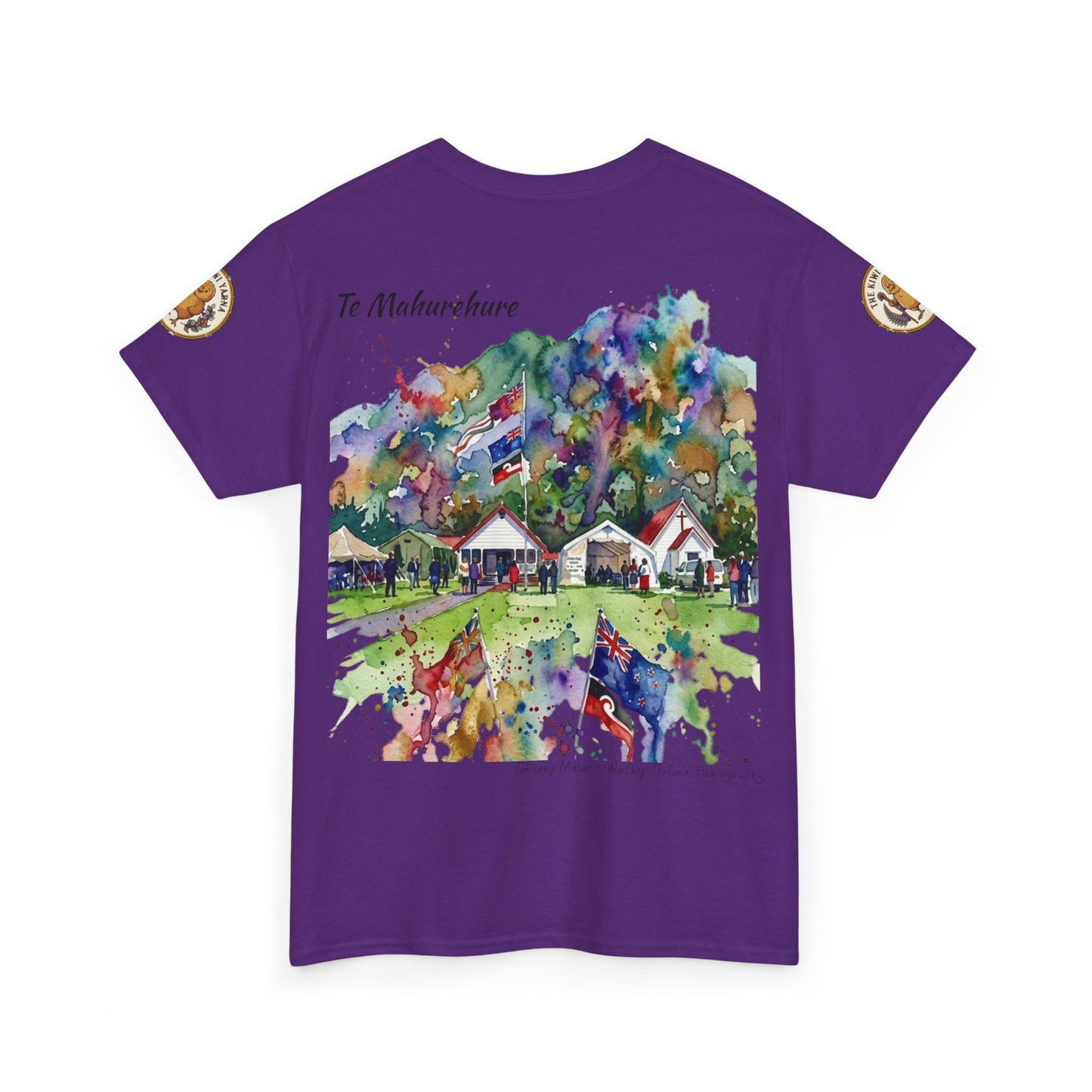 Purple graphic T-shirt with colorful watercolor-style landscape print and emblems