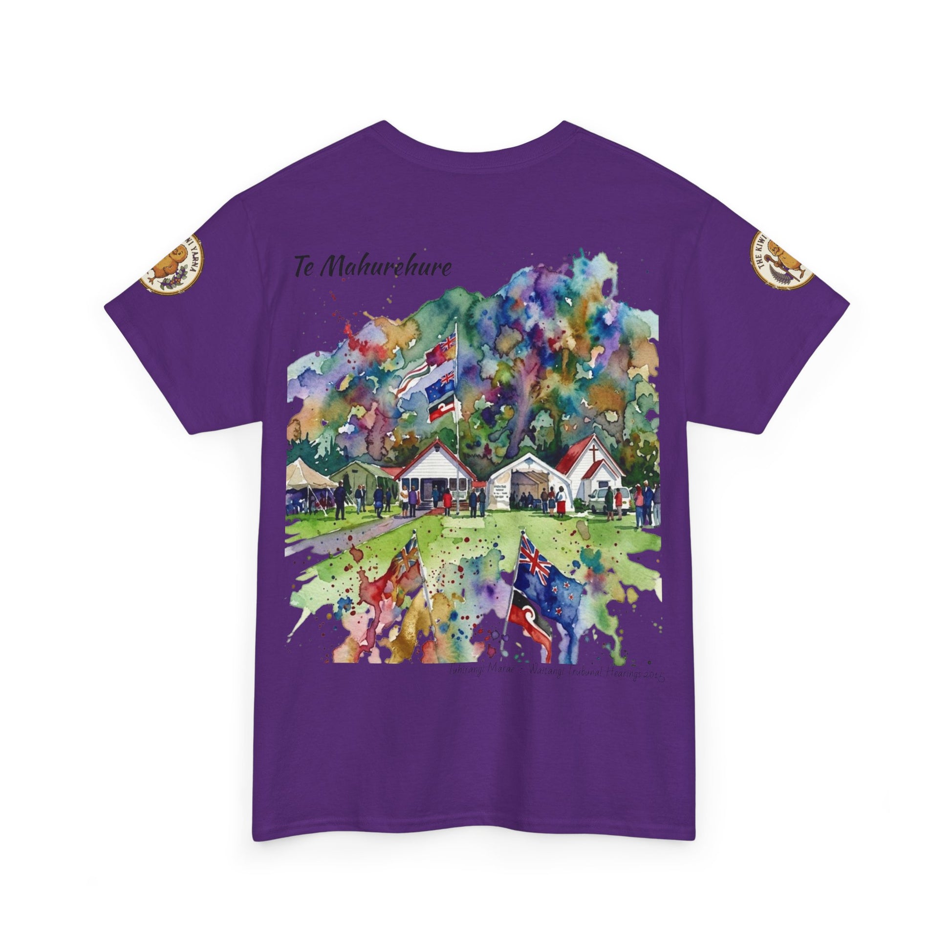 Purple graphic T-shirt with colorful watercolor-style landscape print and emblems