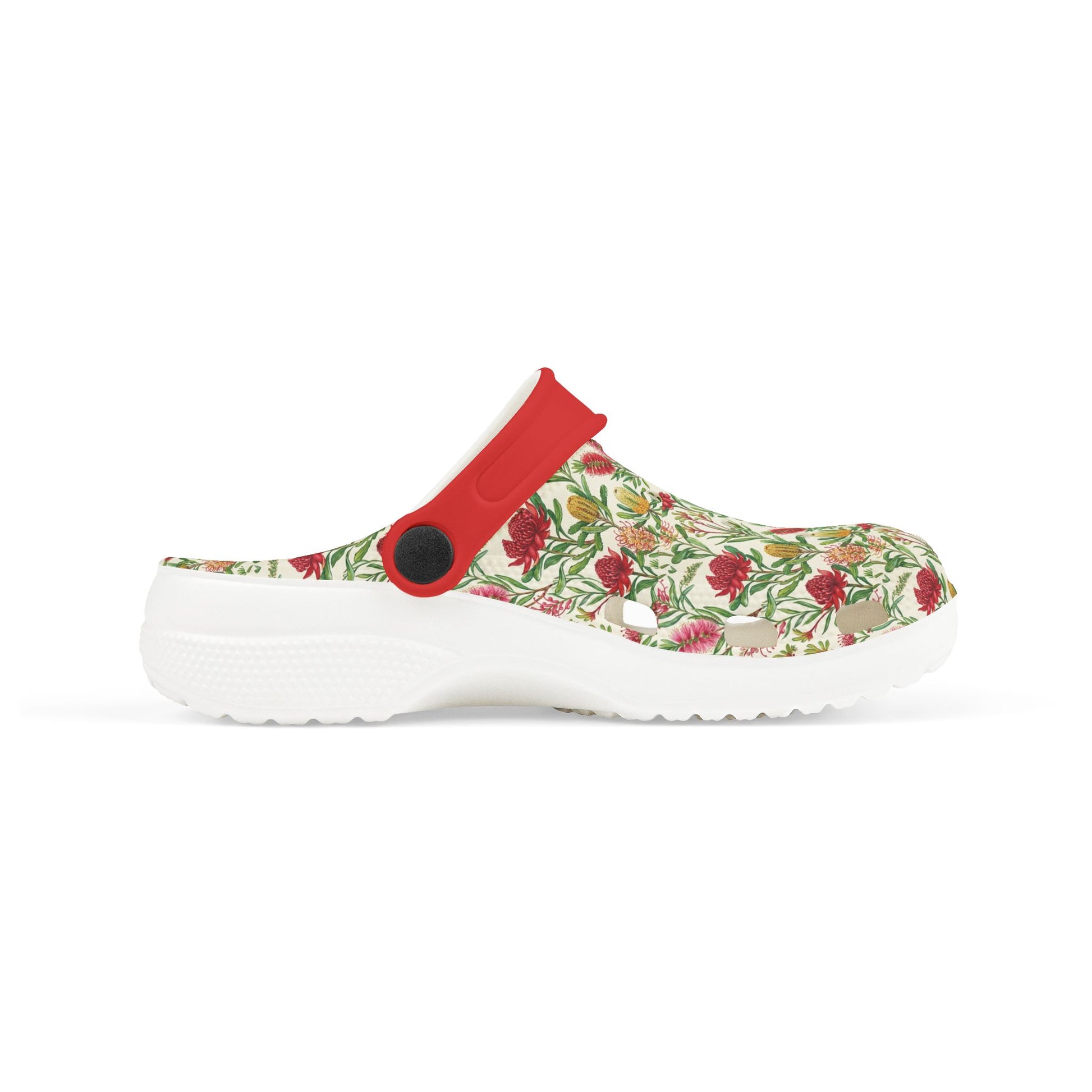 Floral slide clog with red strap and white outsole; side profile view.