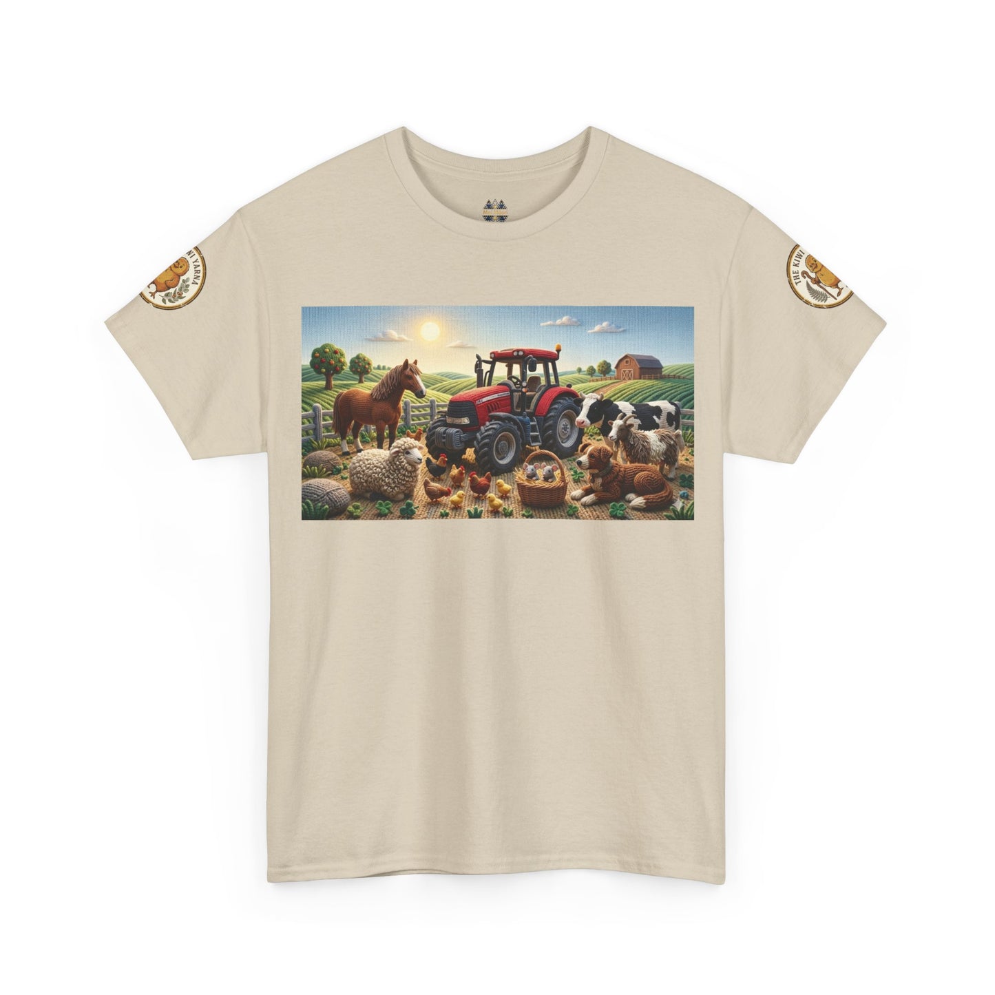 Beige farm graphic T-shirt with front rectangle tractor-and-animals scene and sleeve patches