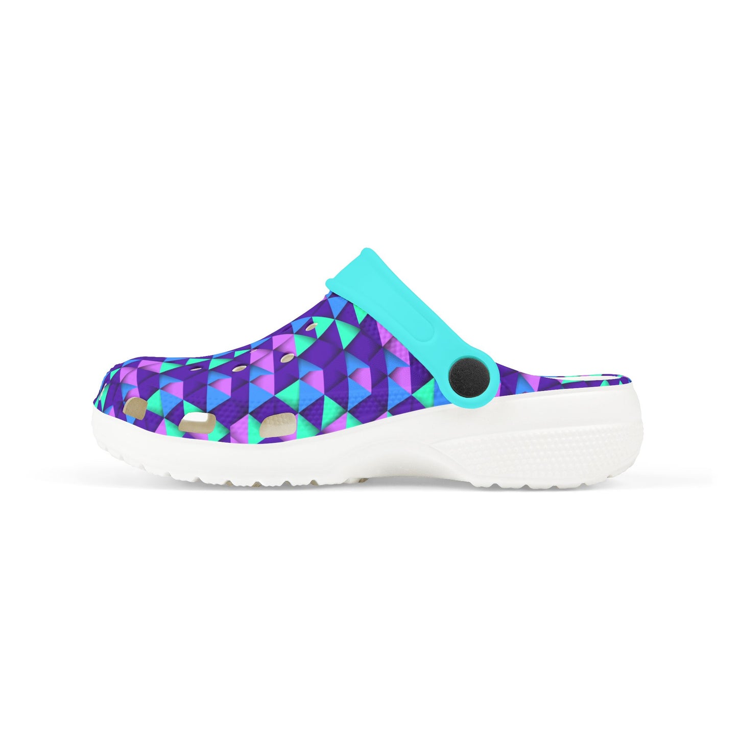 Croc-style clogs, low profile side view with teal strap and purple pattern