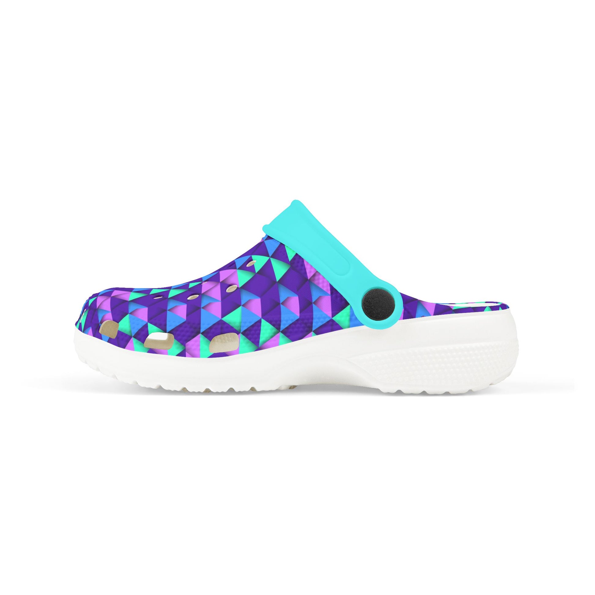 Croc-style clogs, low profile side view with teal strap and purple pattern