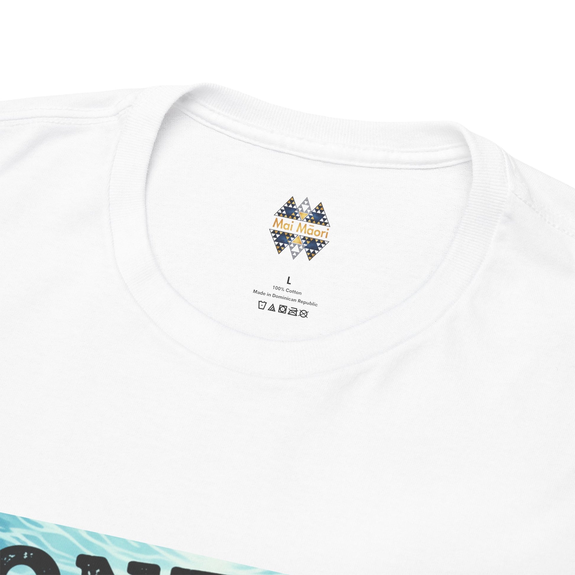 White crewneck t-shirt with small Mai Maori logo at chest