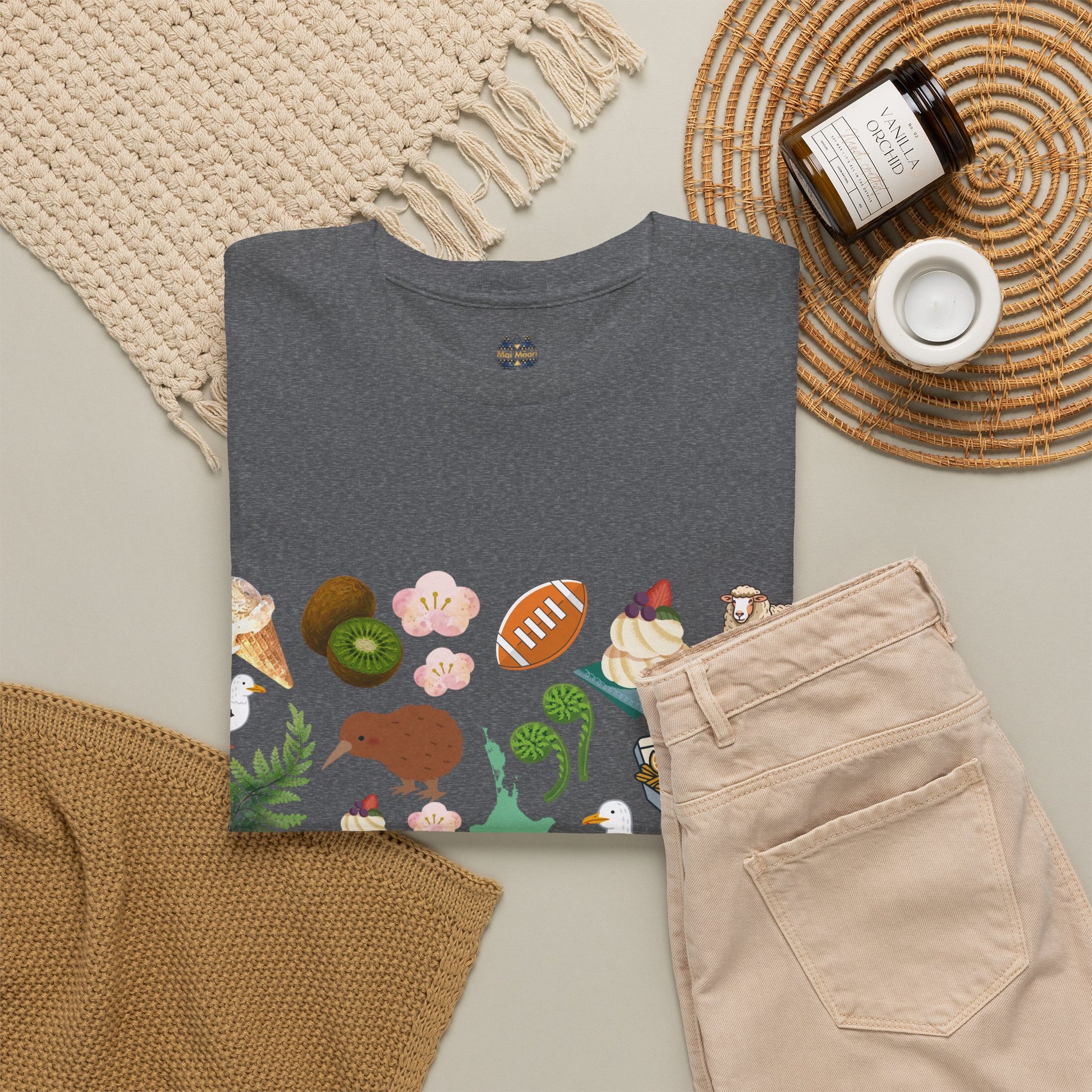 Gray crew-neck short-sleeve T-shirt with colorful panel graphic across the front