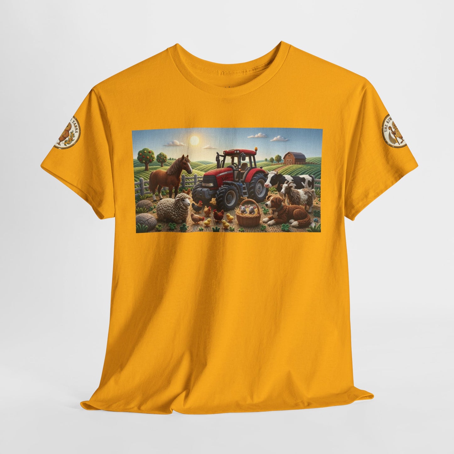 Mustard yellow graphic T-shirt, front view with farm scene rectangle print