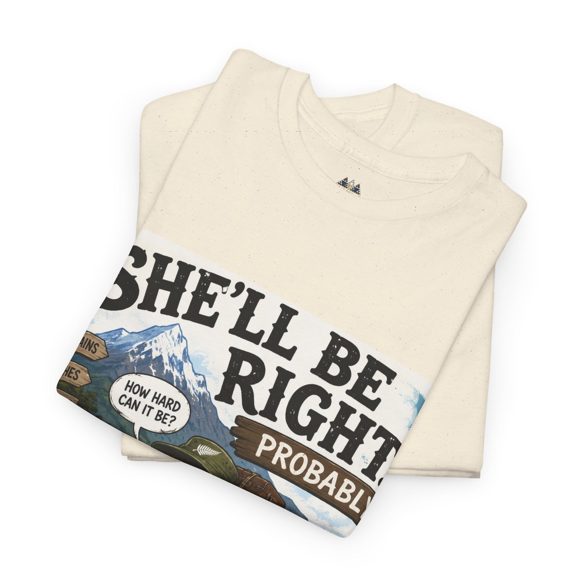 Light beige graphic T-shirt with front slogan banner and mountain artwork