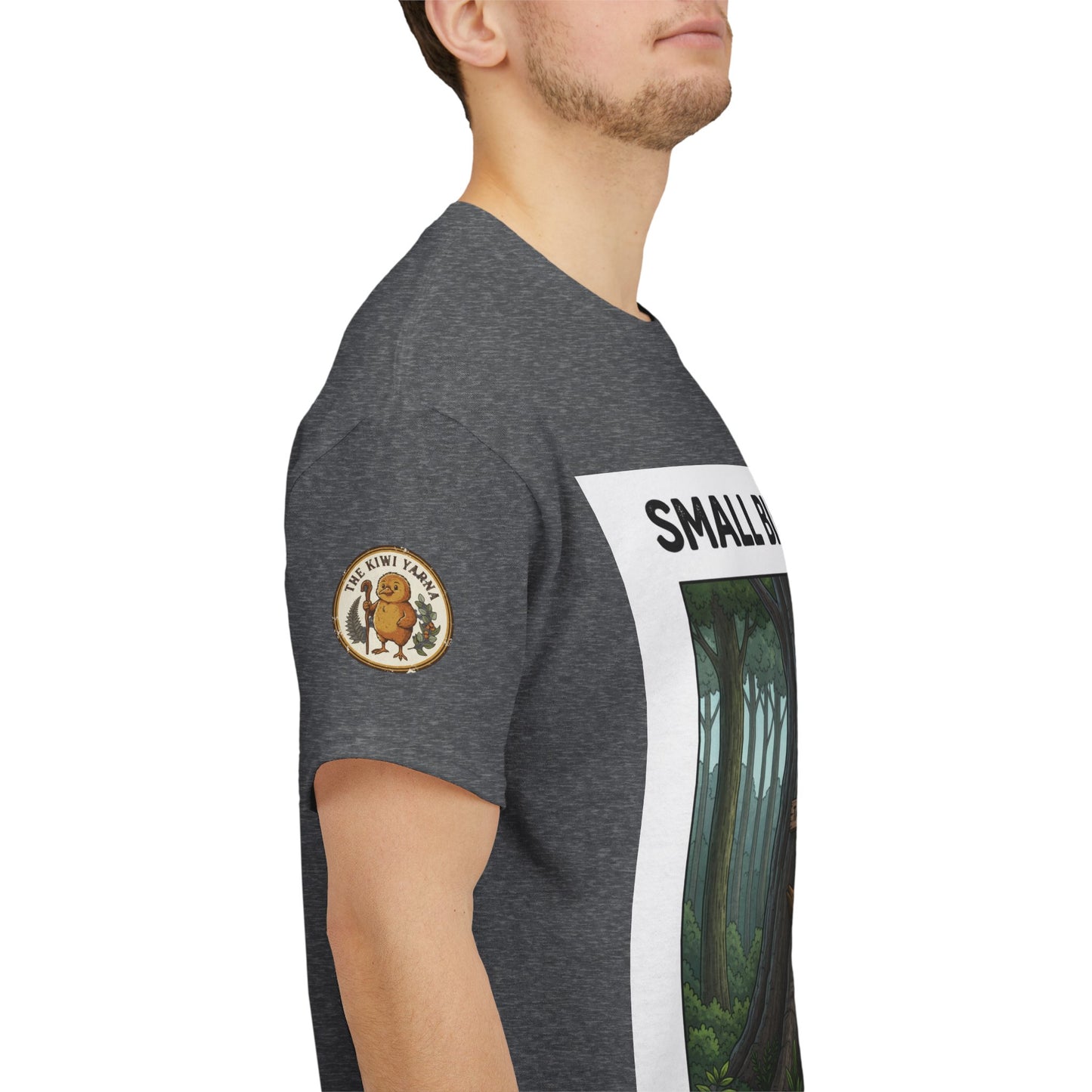 Gray heather T-shirt with round sleeve badge and forest graphic panel