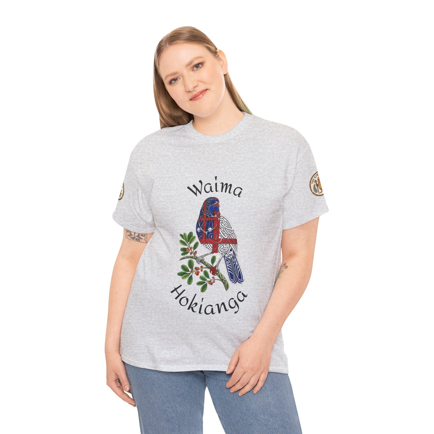 Heather gray graphic t-shirt on model with bird artwork and arched text on the chest