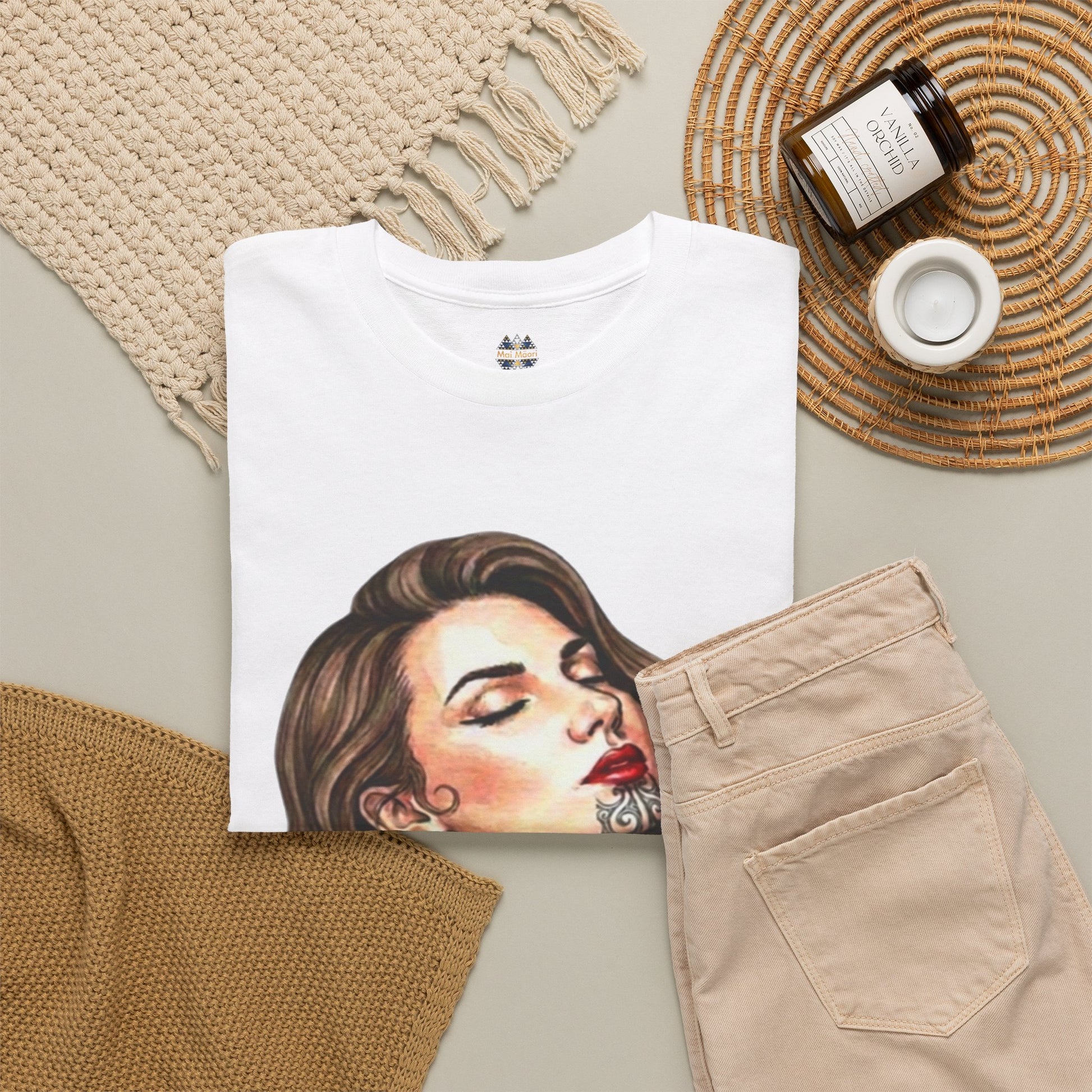 White graphic T-shirt with portrait woman face print