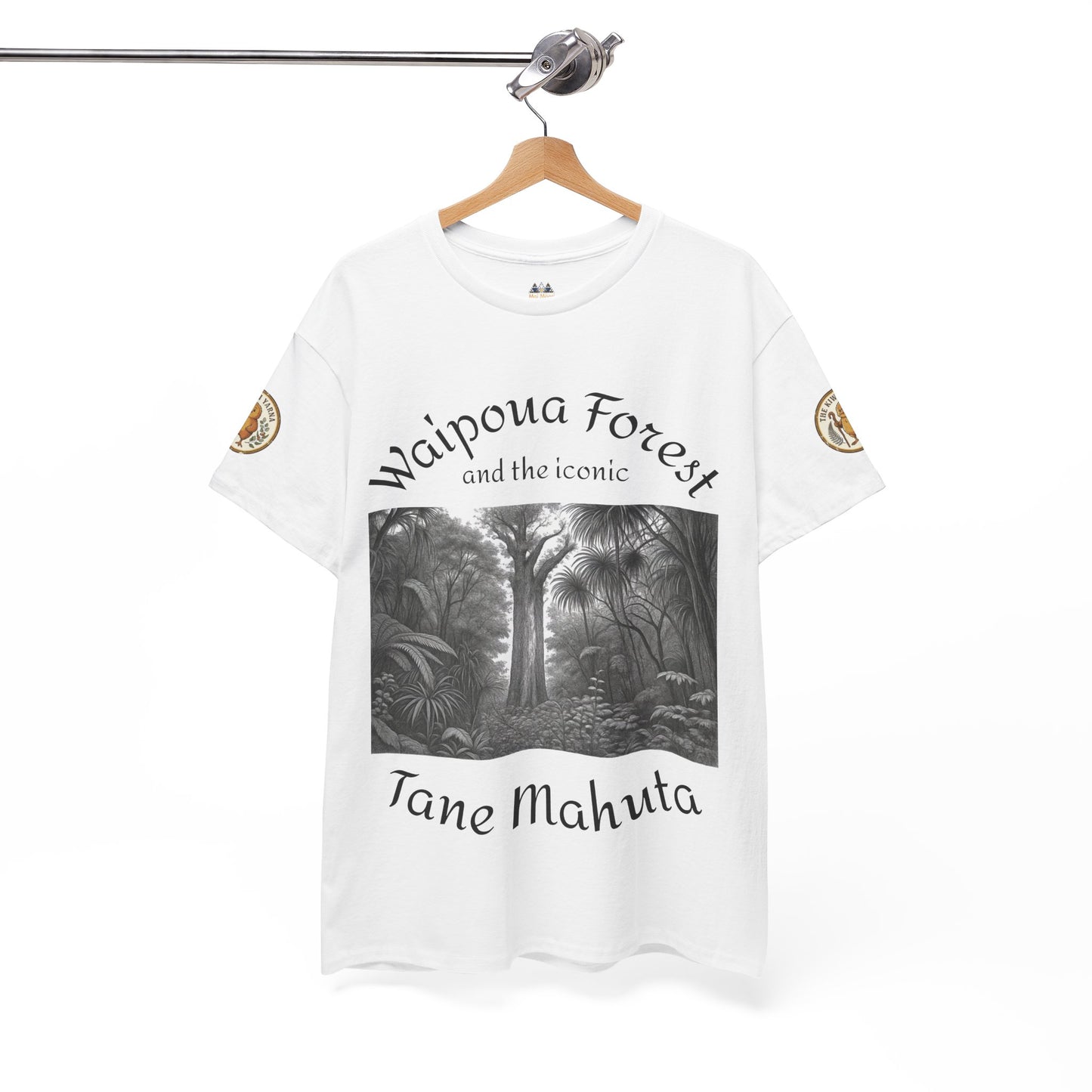 White graphic t-shirt on hanger with forest scene artwork and 'Tane Mahuta' text