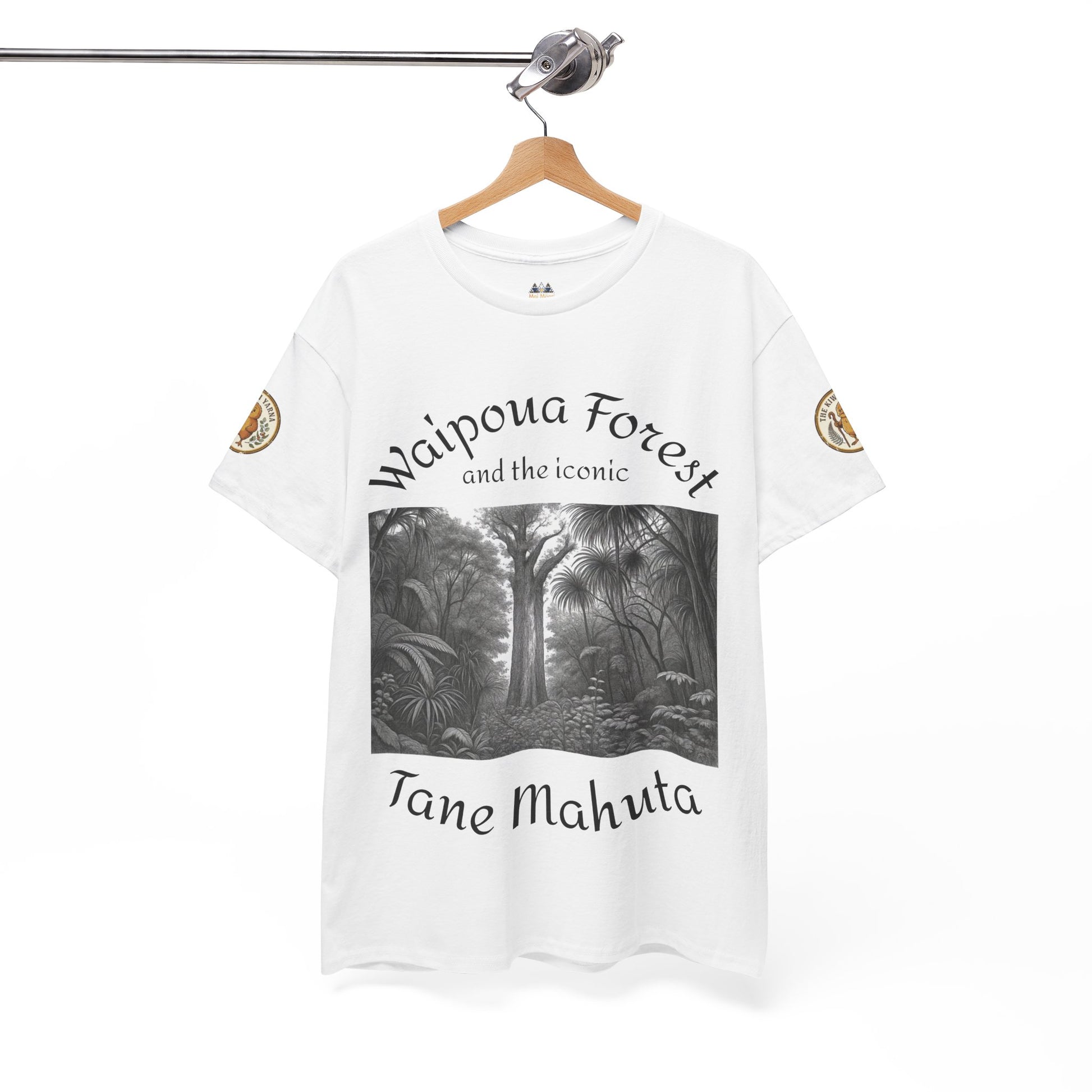 White graphic t-shirt on hanger with forest scene artwork and 'Tane Mahuta' text