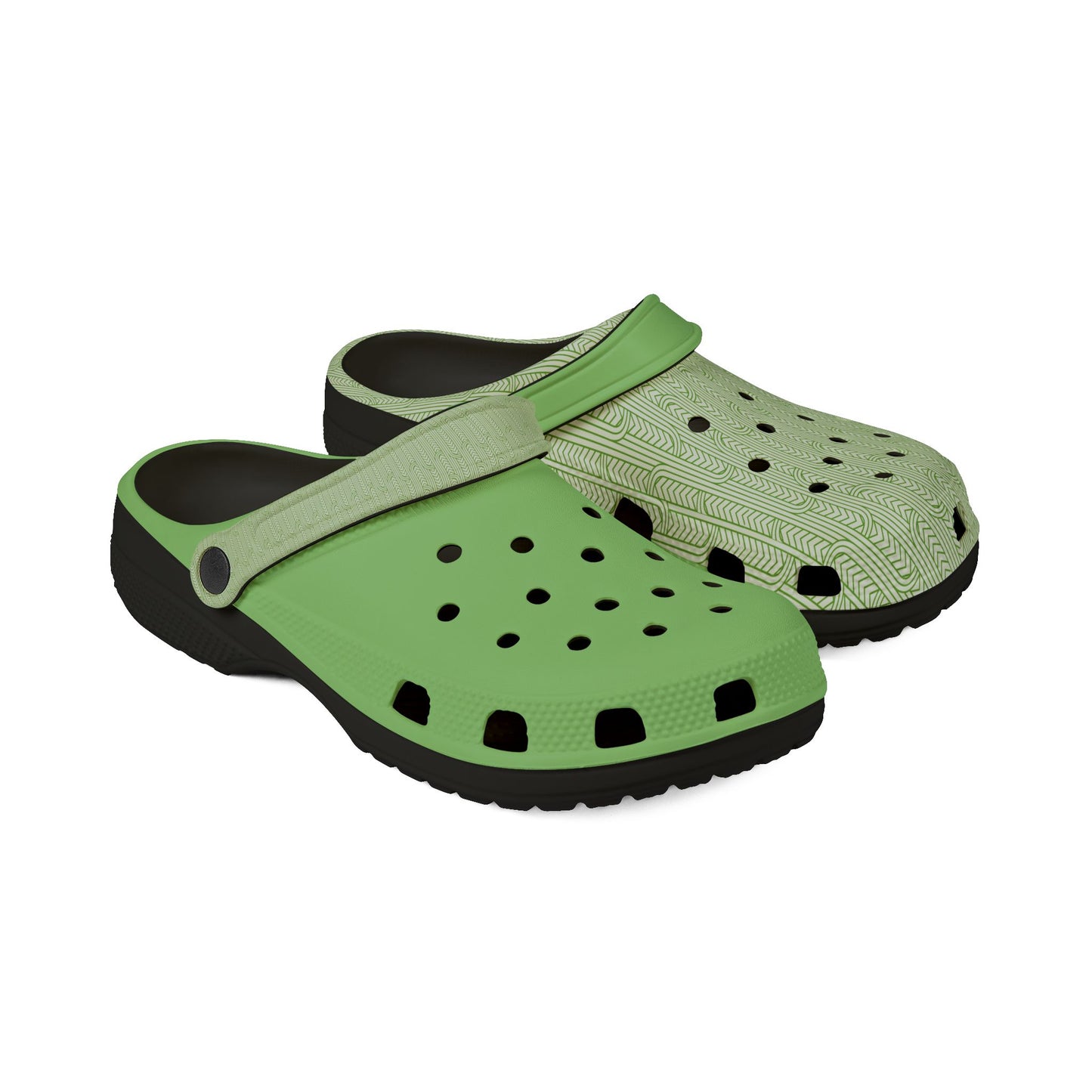 Green slip-on clog sandals with perforated upper and black tread sole