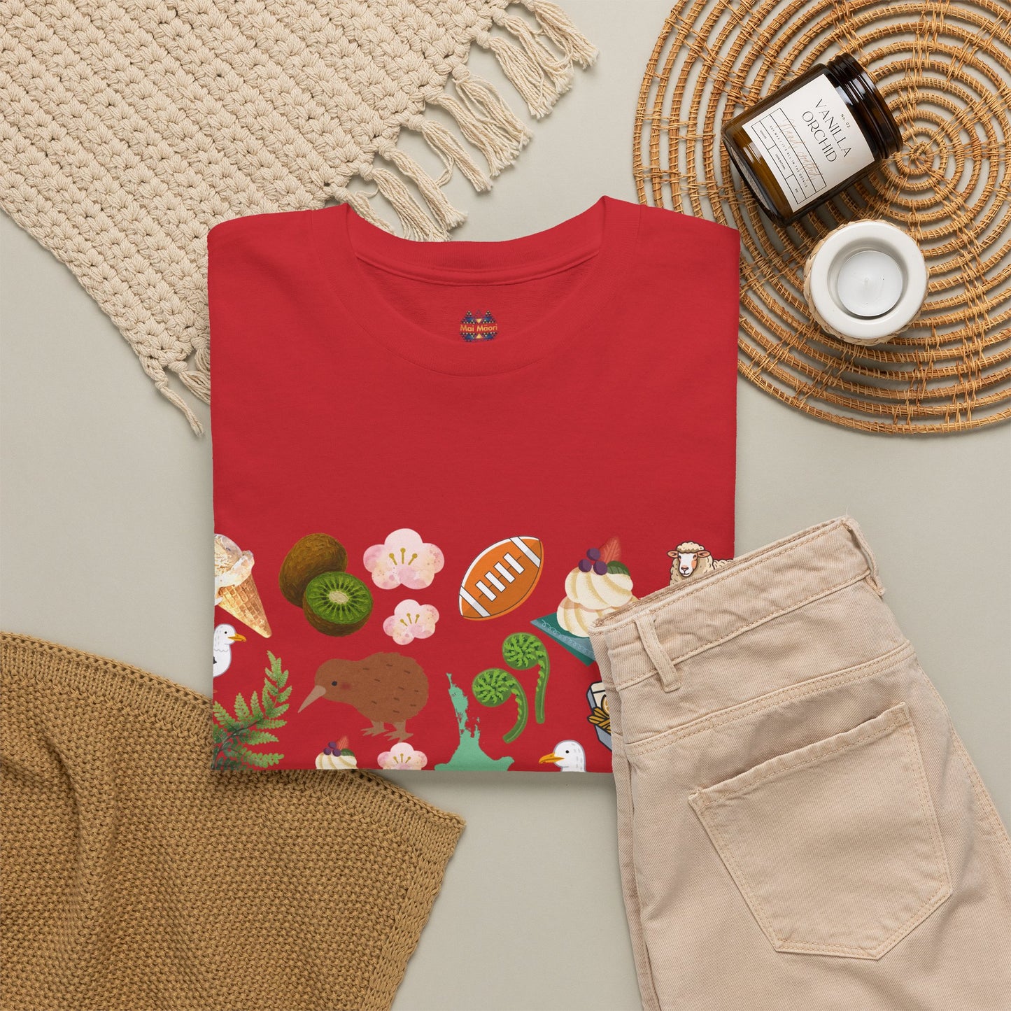 Kiwiana t-shirt in red with colorful front graphic, crew neckline