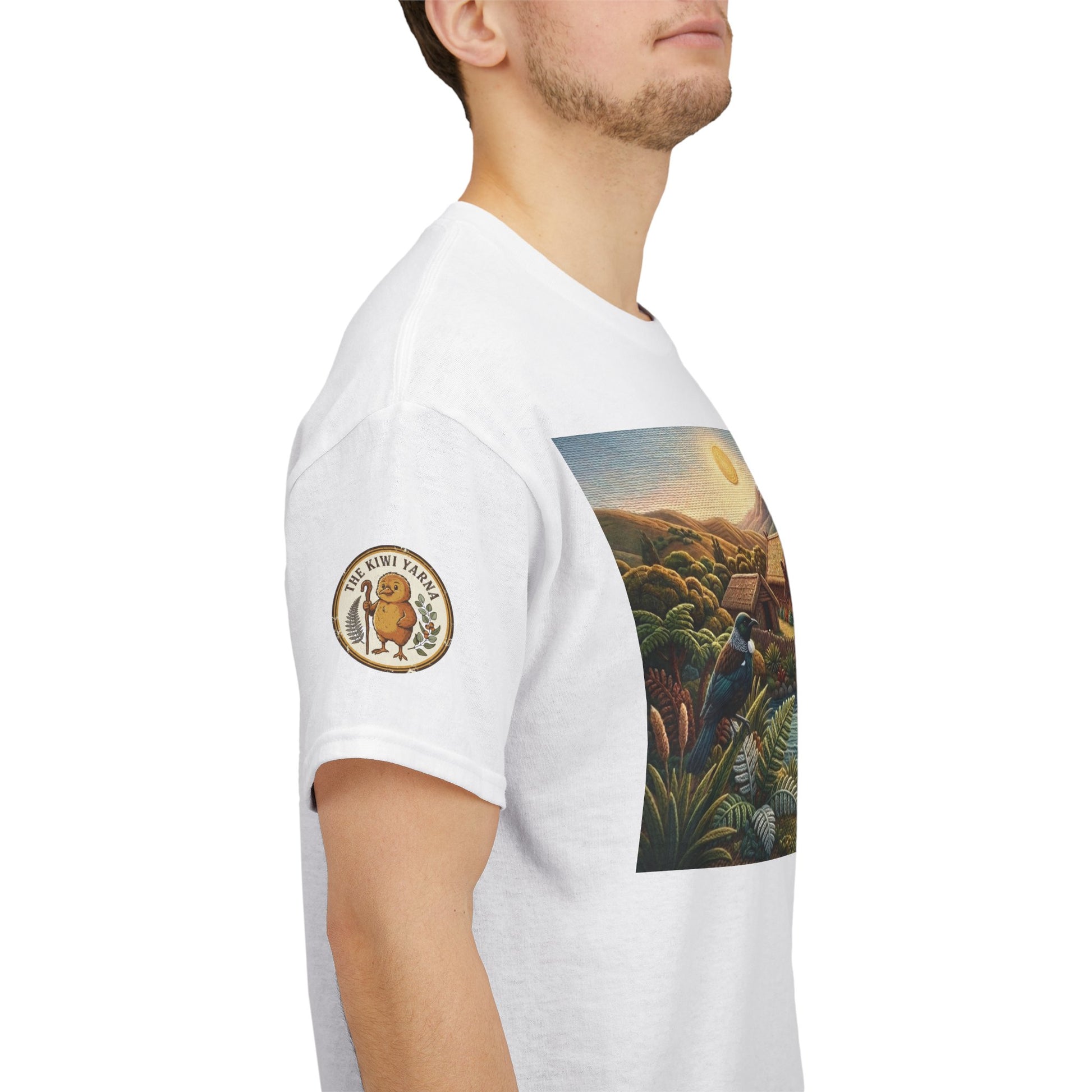 White crew-neck graphic T-shirt with side-panel landscape print and circular sleeve logo