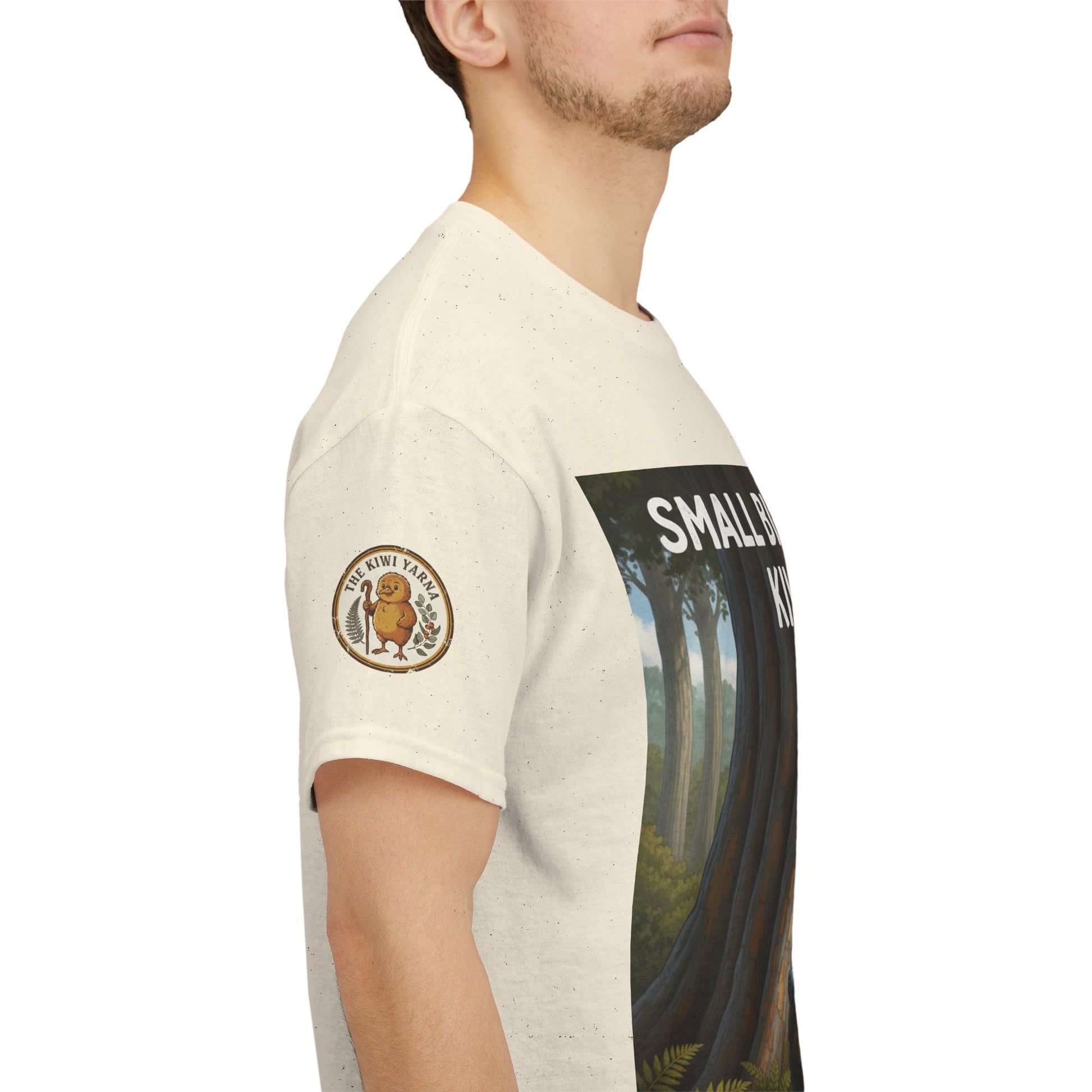 Natural short-sleeve T-shirt with bird and tree graphic on right sleeve