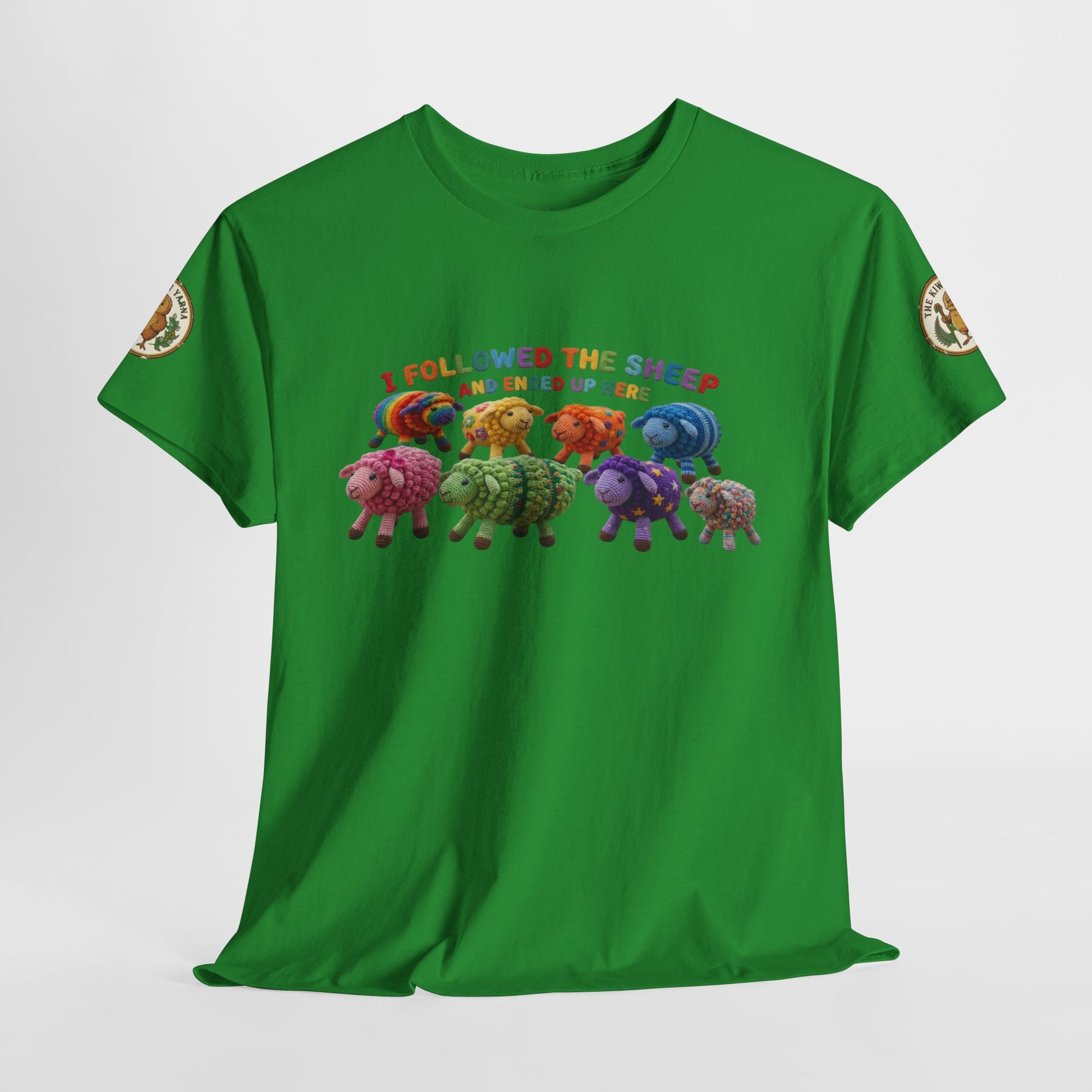 Green crewneck T-shirt with centered sheep graphic and colorful text banner