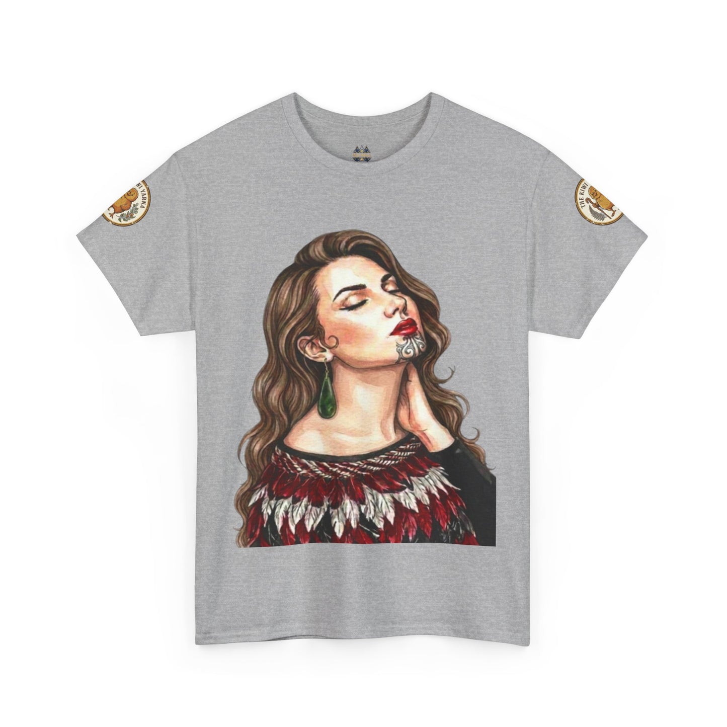 Heather gray T-shirt with portrait graphic and gold sleeve patch details.
