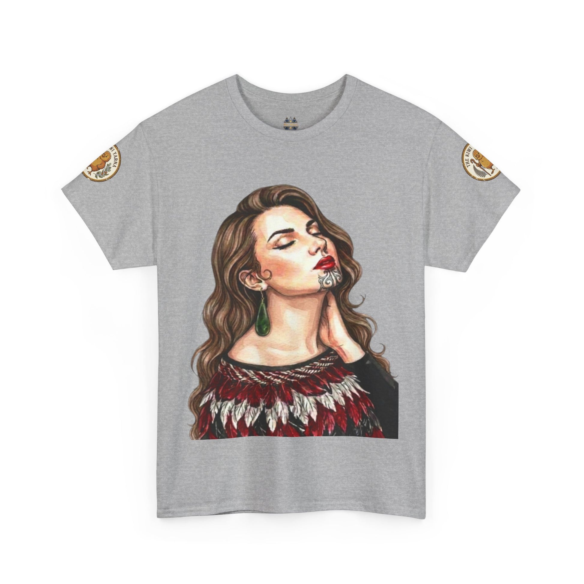 Heather gray T-shirt with portrait graphic and gold sleeve patch details.