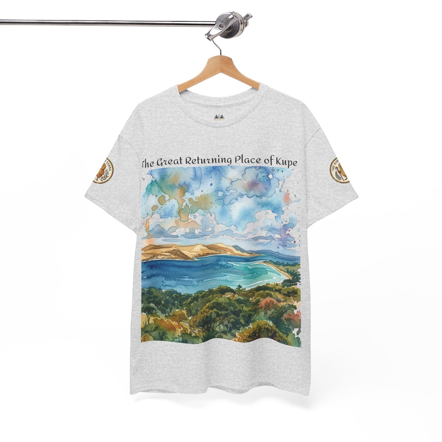 Heather gray graphic T-shirt with front watercolor landscape and sleeve patch