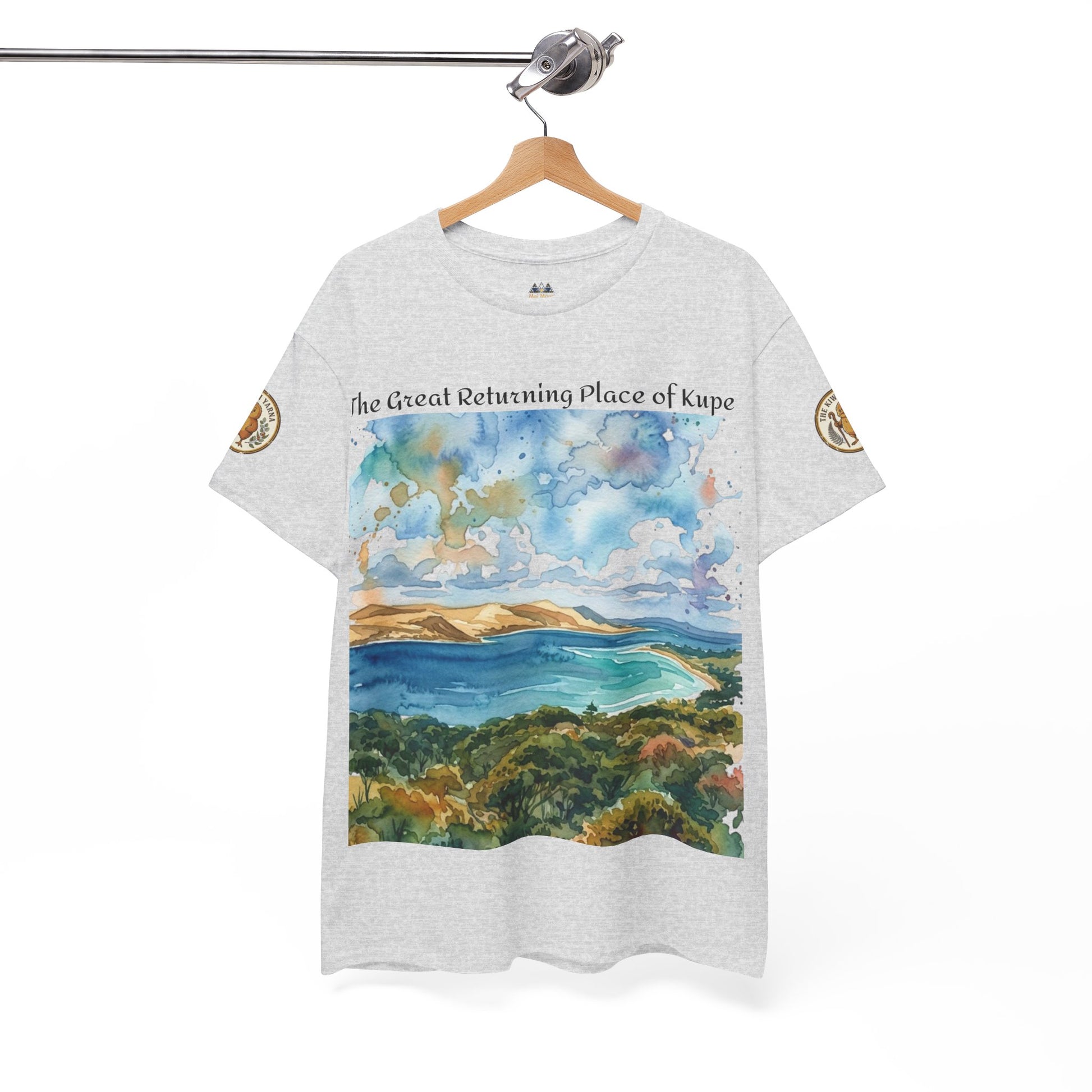 Heather gray graphic T-shirt with front watercolor landscape and sleeve patch