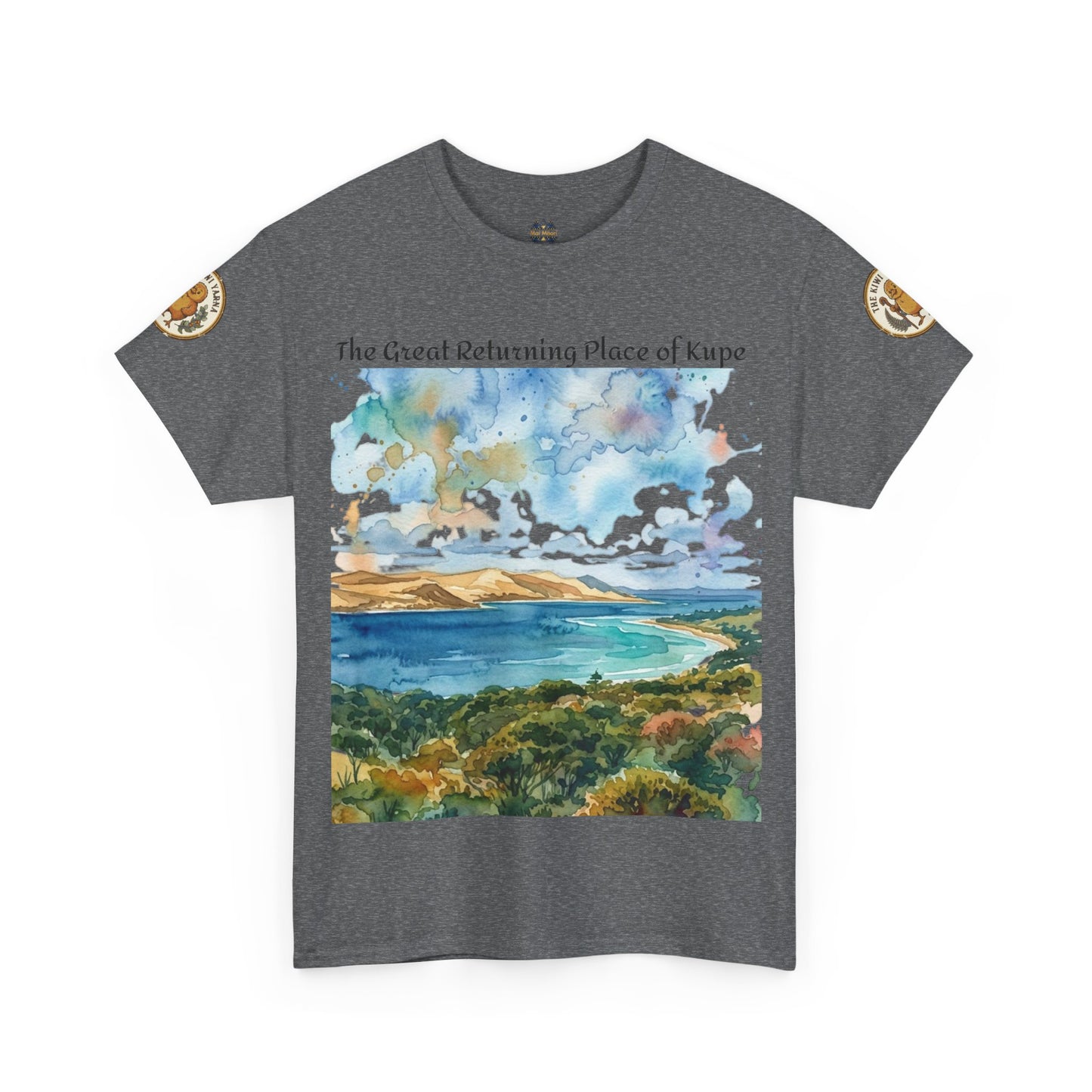 Dark gray crewneck T-shirt with landscape print and gold sleeve patches, front view.