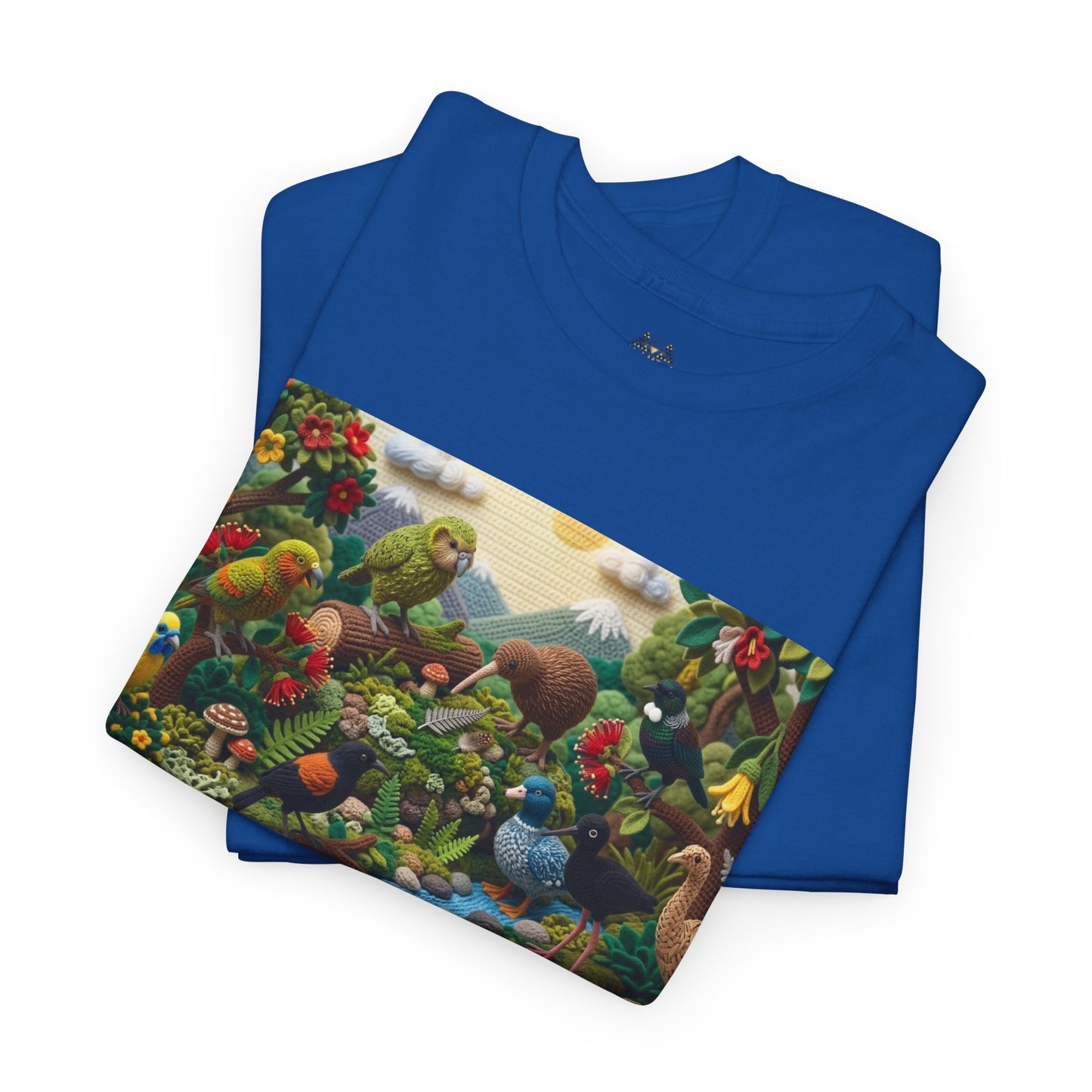 Blue crewneck T-shirt with rectangular bird scene panel graphic