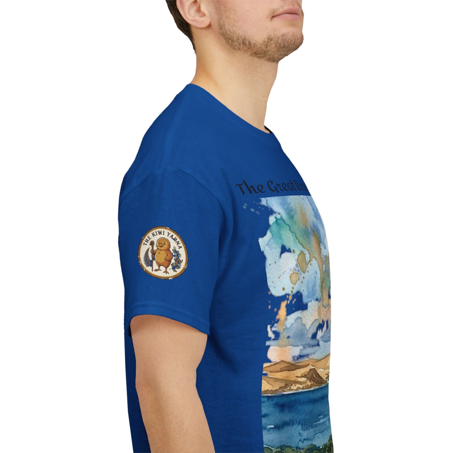 Blue crew-neck graphic T-shirt on model from side, sleeve patch and landscape print