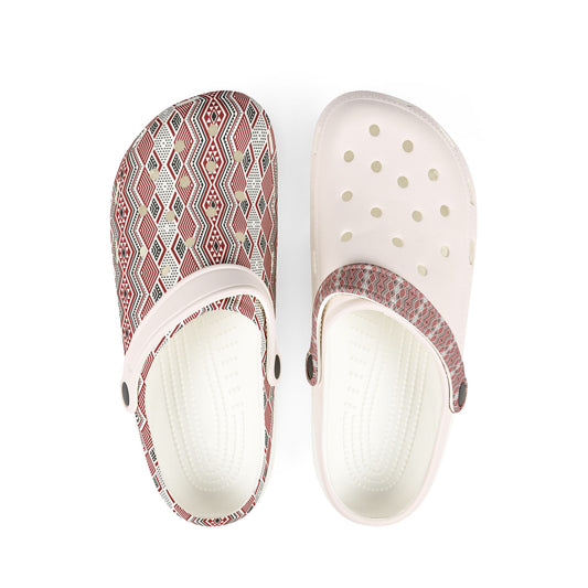 Tāniko clogs with red and white geometric patterned uppers and perforated top panels