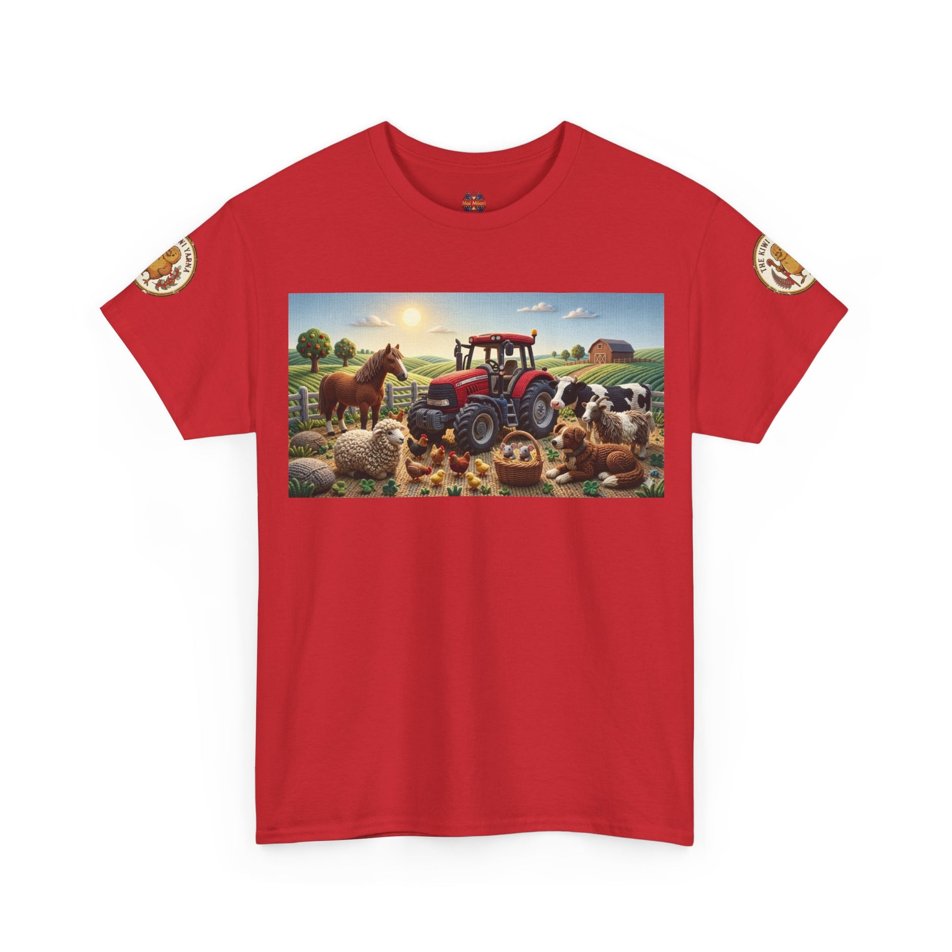 Red crewneck T-shirt with farm-themed rectangular graphic featuring tractor