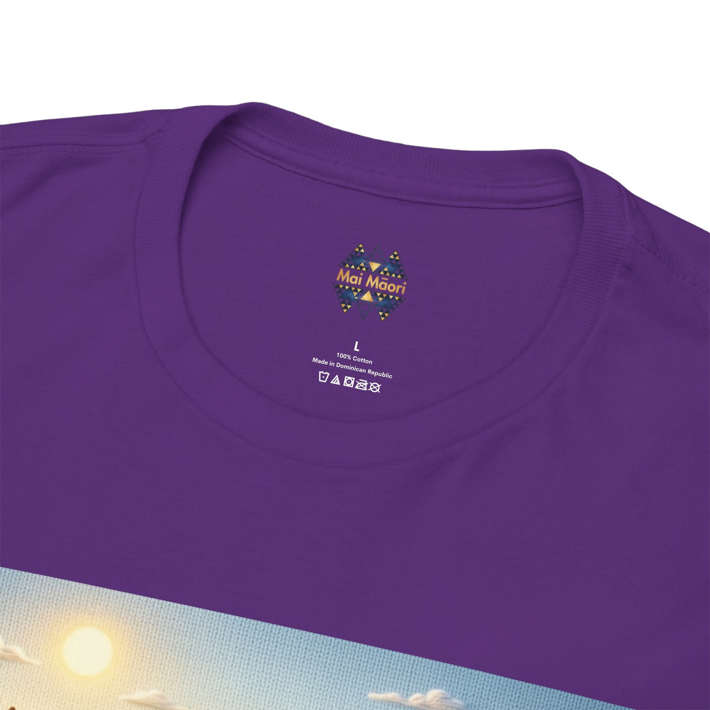 Purple T-shirt neckline with small chest emblem and size label