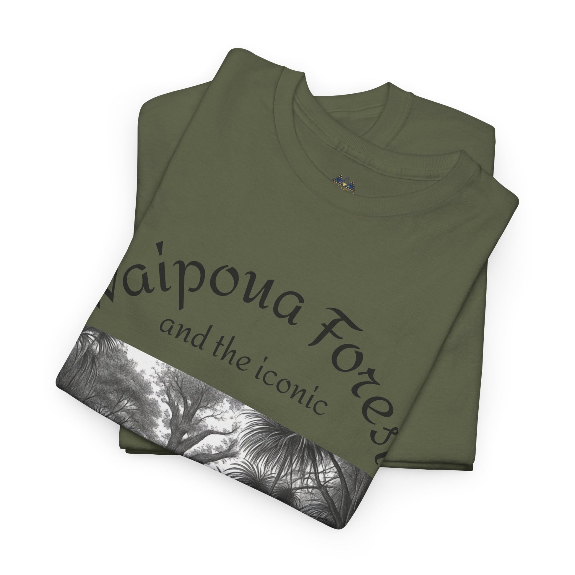 Olive graphic T-shirt with diagonal Waipoua Forest text and black-and-white forest photo