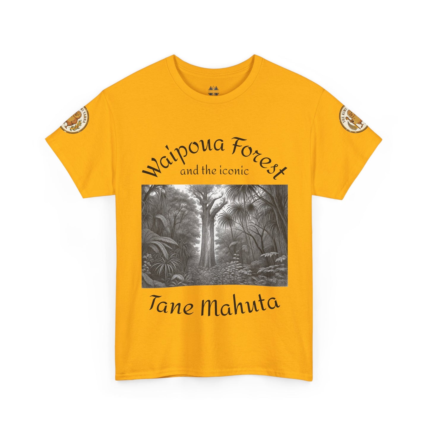 Mustard yellow graphic T-shirt with monochrome forest scene and 'Tane Mahuta' text