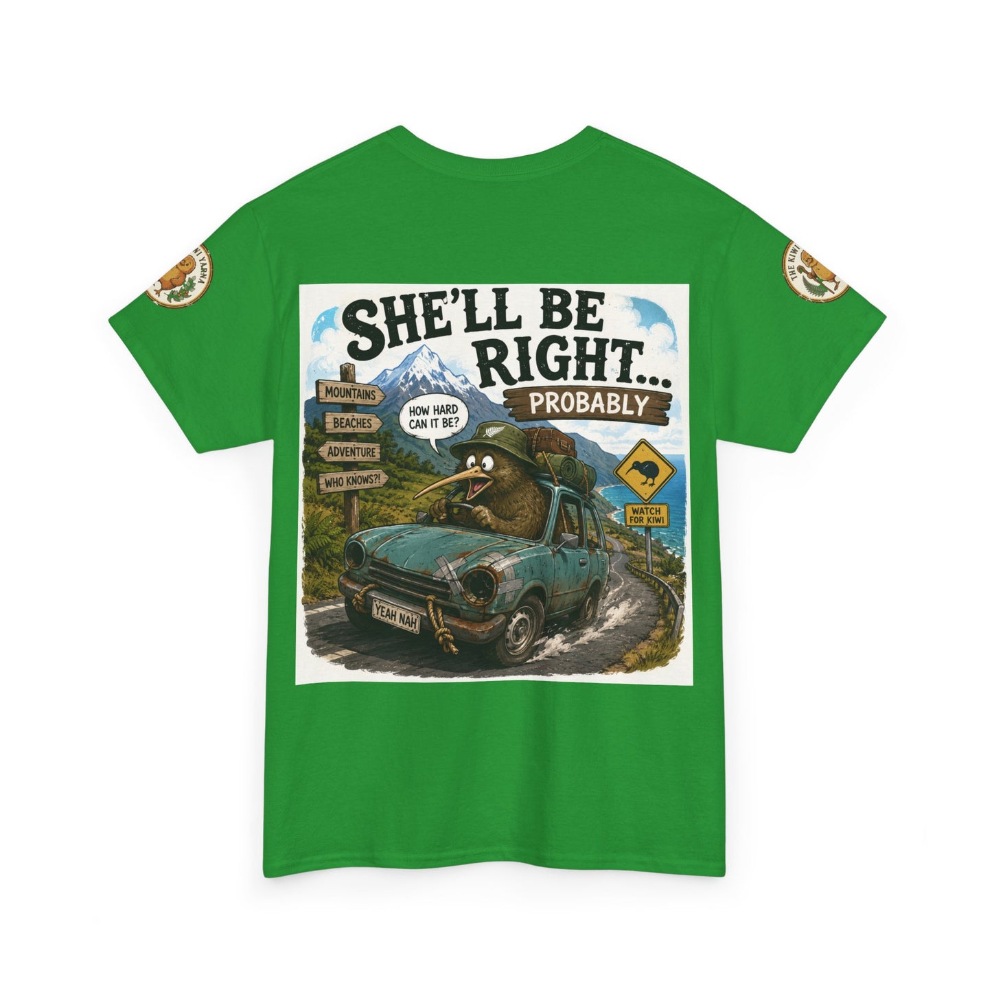Bright green graphic T-shirt with centered car artwork, bold lettering, and sleeve emblem