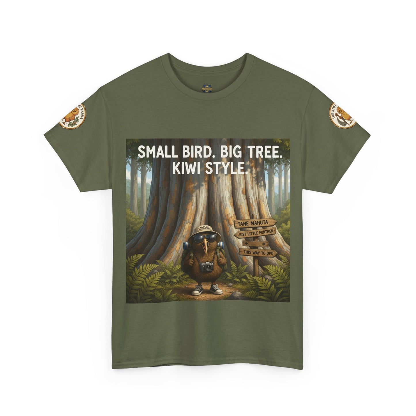 Olive green crewneck T-shirt with front graphic of kiwi in forest and logo sleeve patches