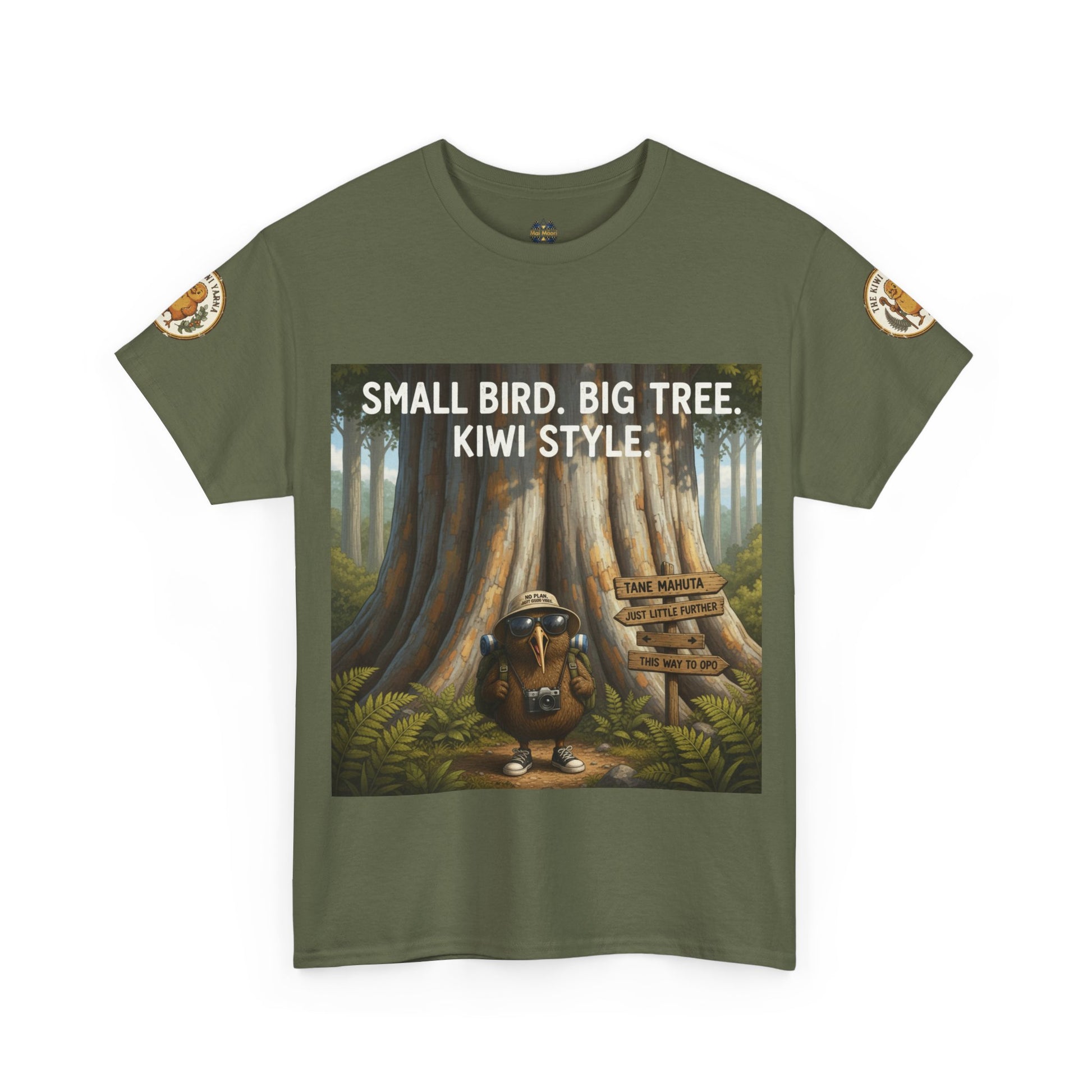 Olive green crewneck T-shirt with front graphic of kiwi in forest and logo sleeve patches