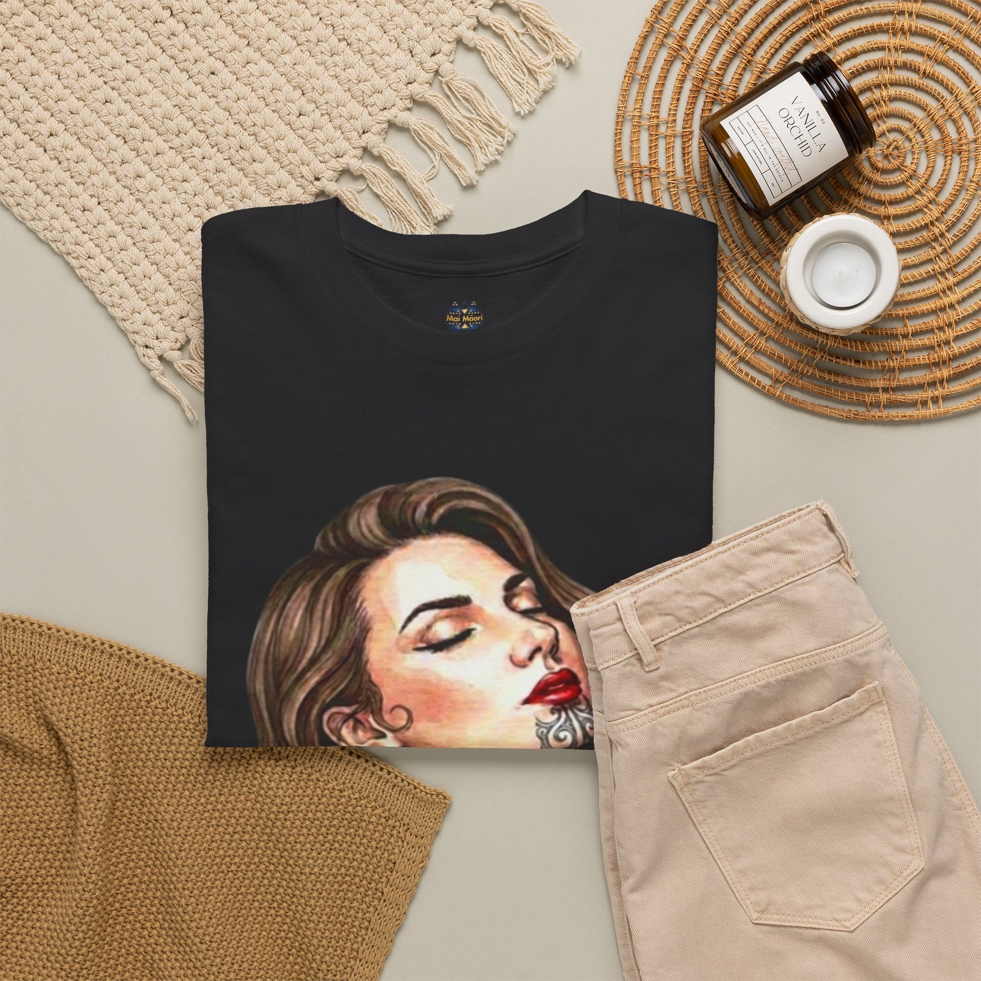 Black graphic T-shirt with a close-up woman face print