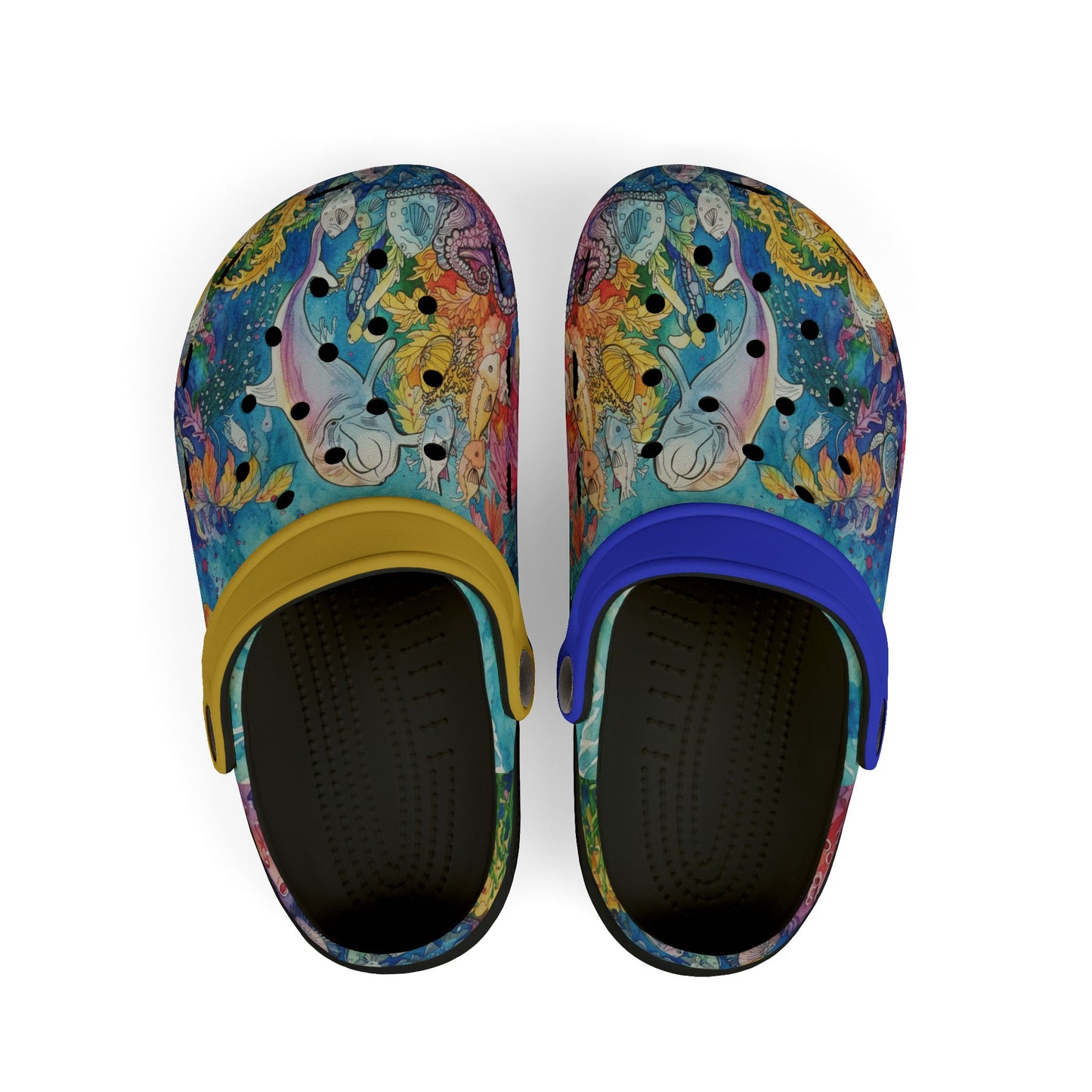 Kids slip-on clogs with dolphin reef print, dark interior footbed, yellow and blue heel accents.