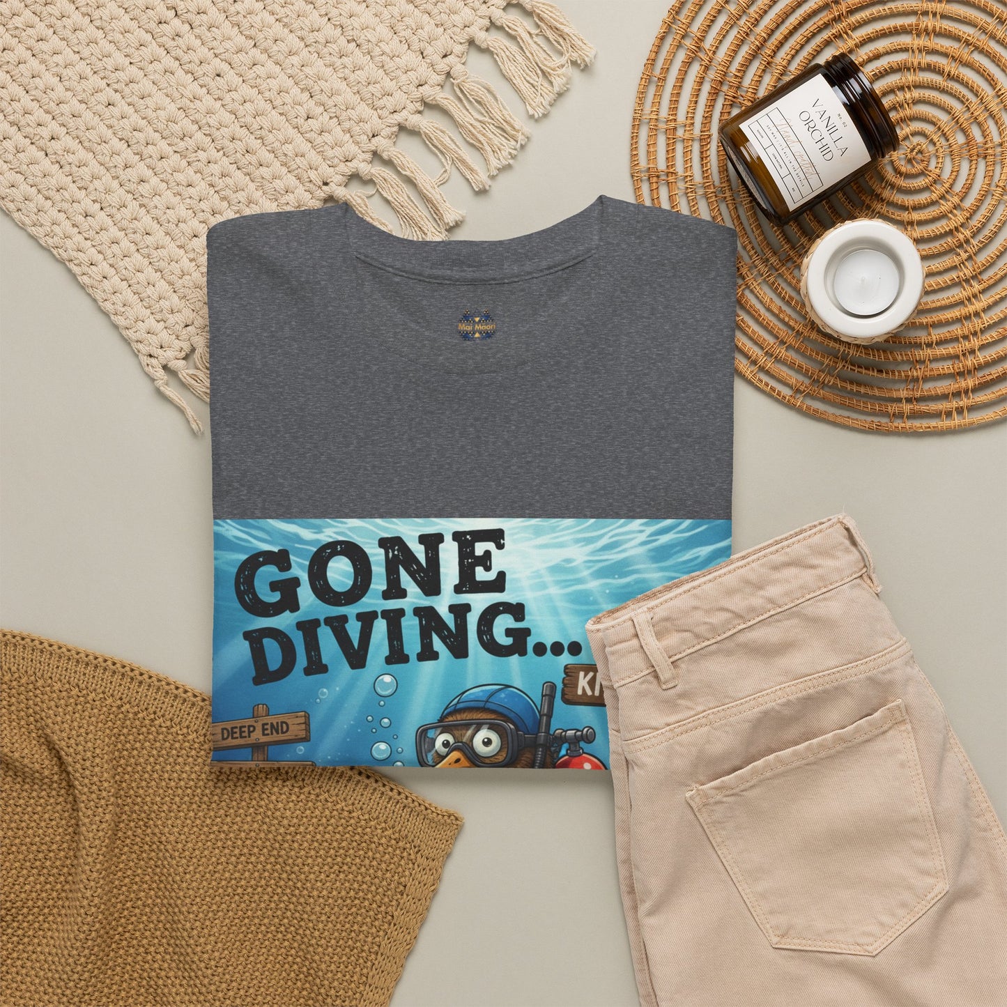 Dark gray crew-neck T-shirt with ocean diver graphic and round sleeve patches