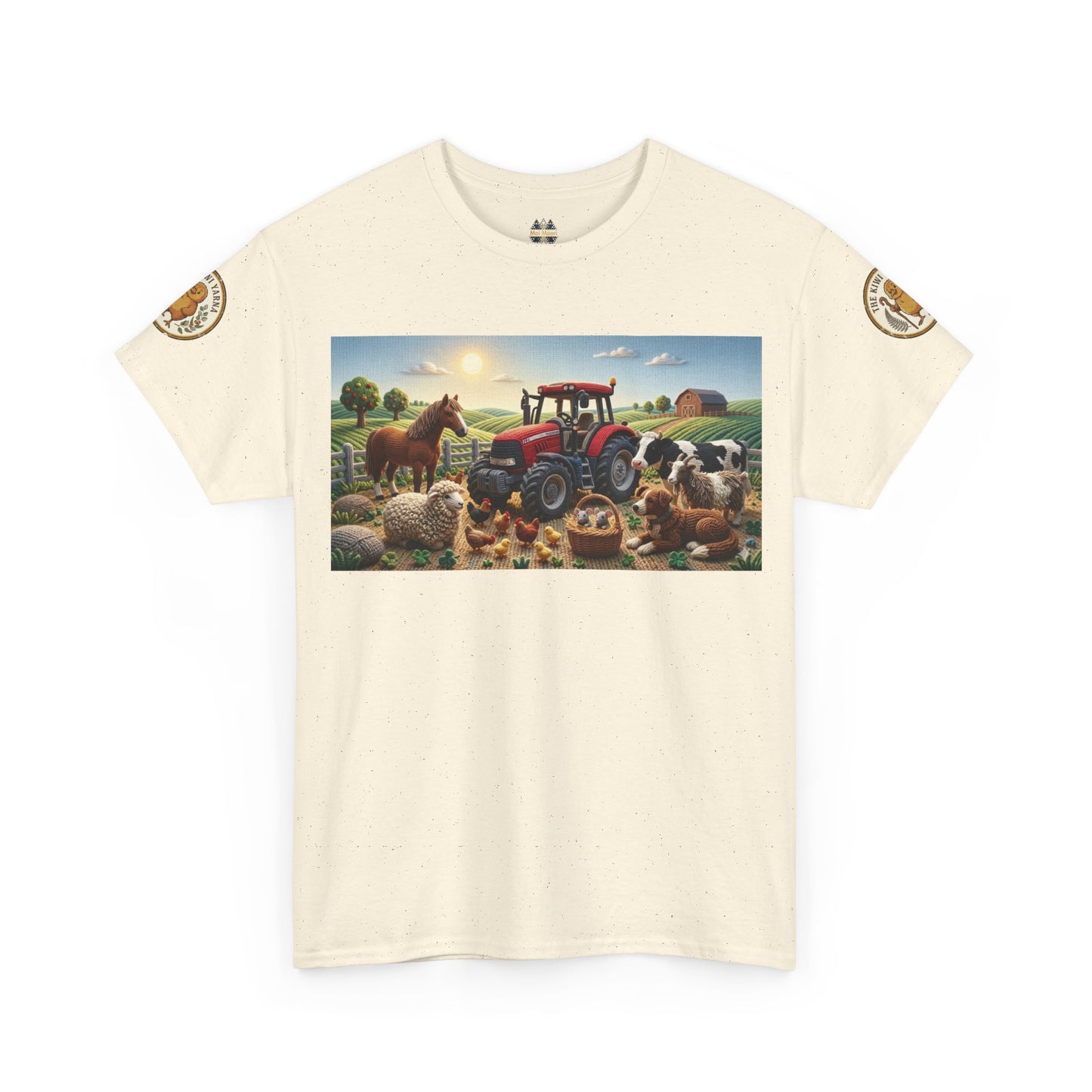 Off-white farm graphic T-shirt with front rectangle tractor-and-animals scene and sleeve patches