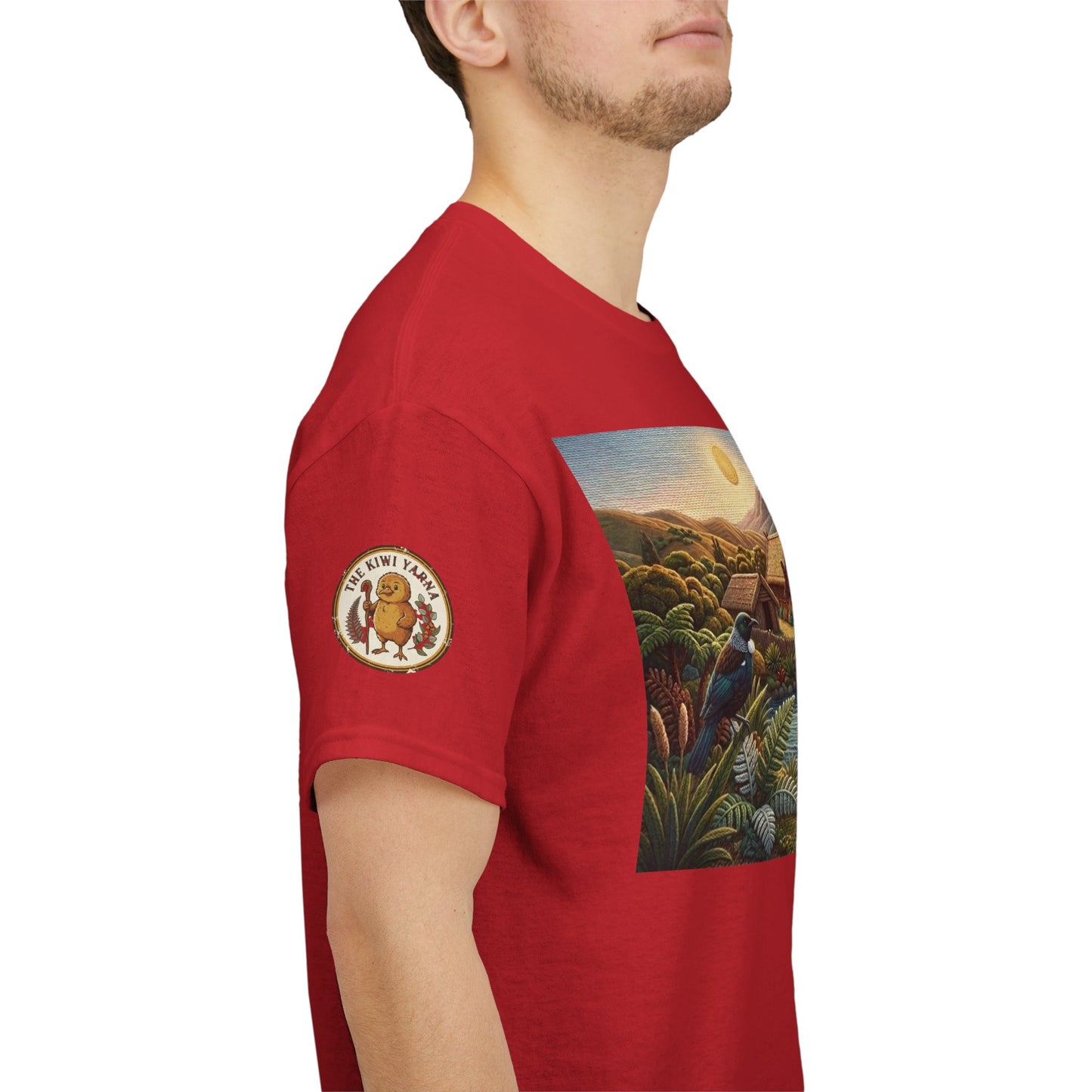 Red crew-neck T-shirt with circular sleeve badge and side landscape graphic