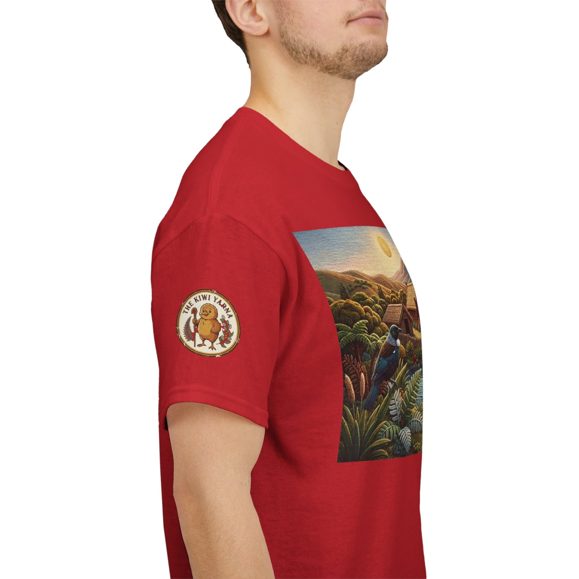 Red crew-neck T-shirt with circular sleeve badge and side landscape graphic