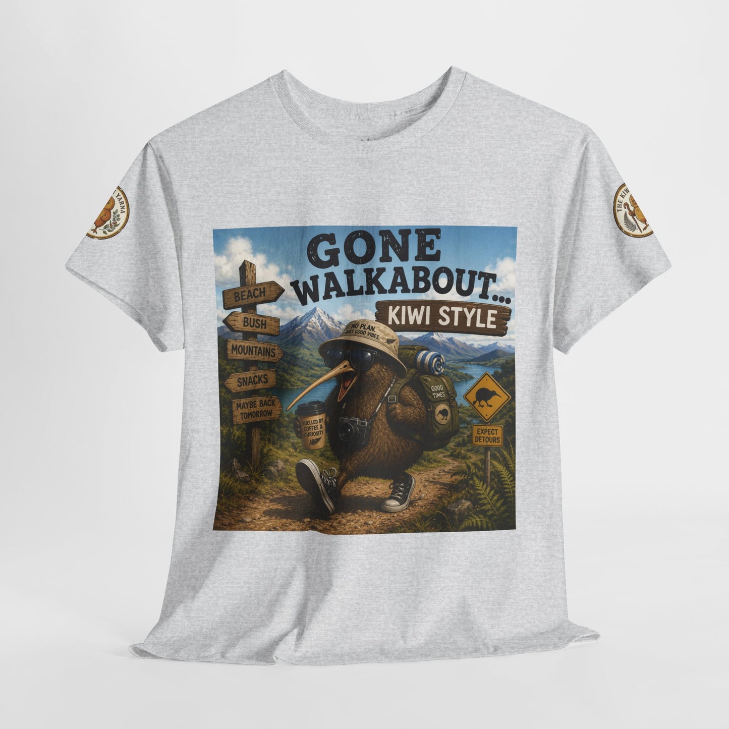 Heather grey T-shirt front view with kiwi artwork and matching sleeve patches