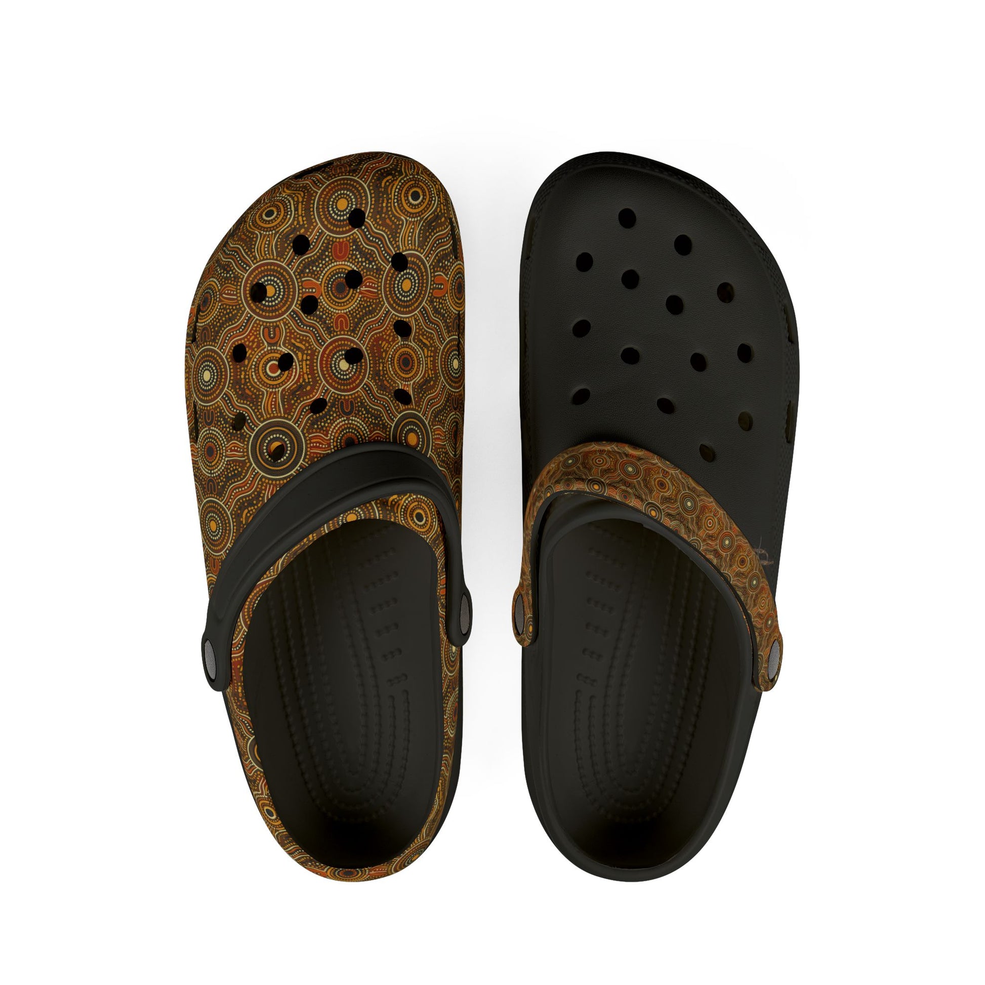 Pair of slip-on clogs, orange-brown patterned tops with black perforated footbed