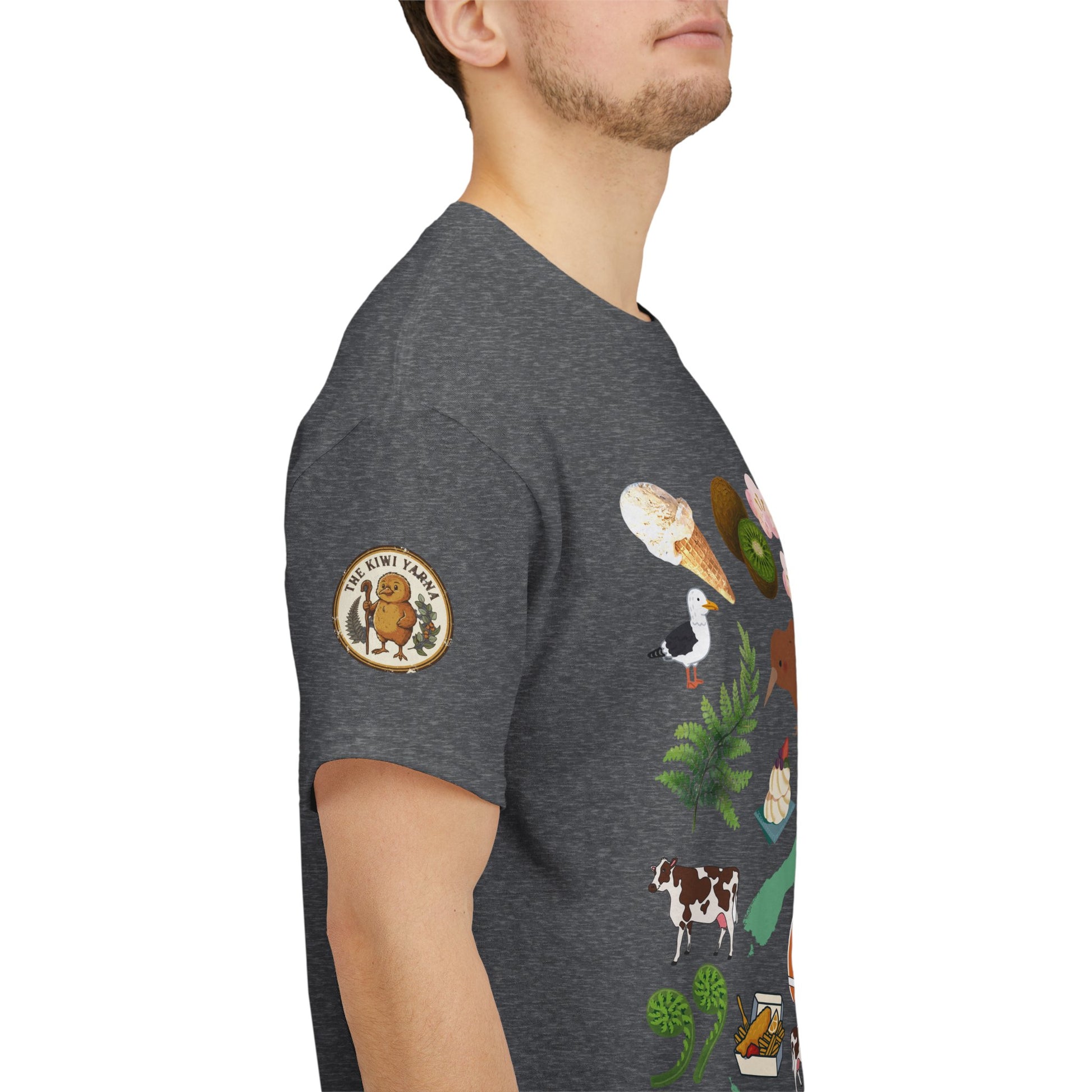 Heather gray T-shirt sleeve patch with circular emblem and tropical print