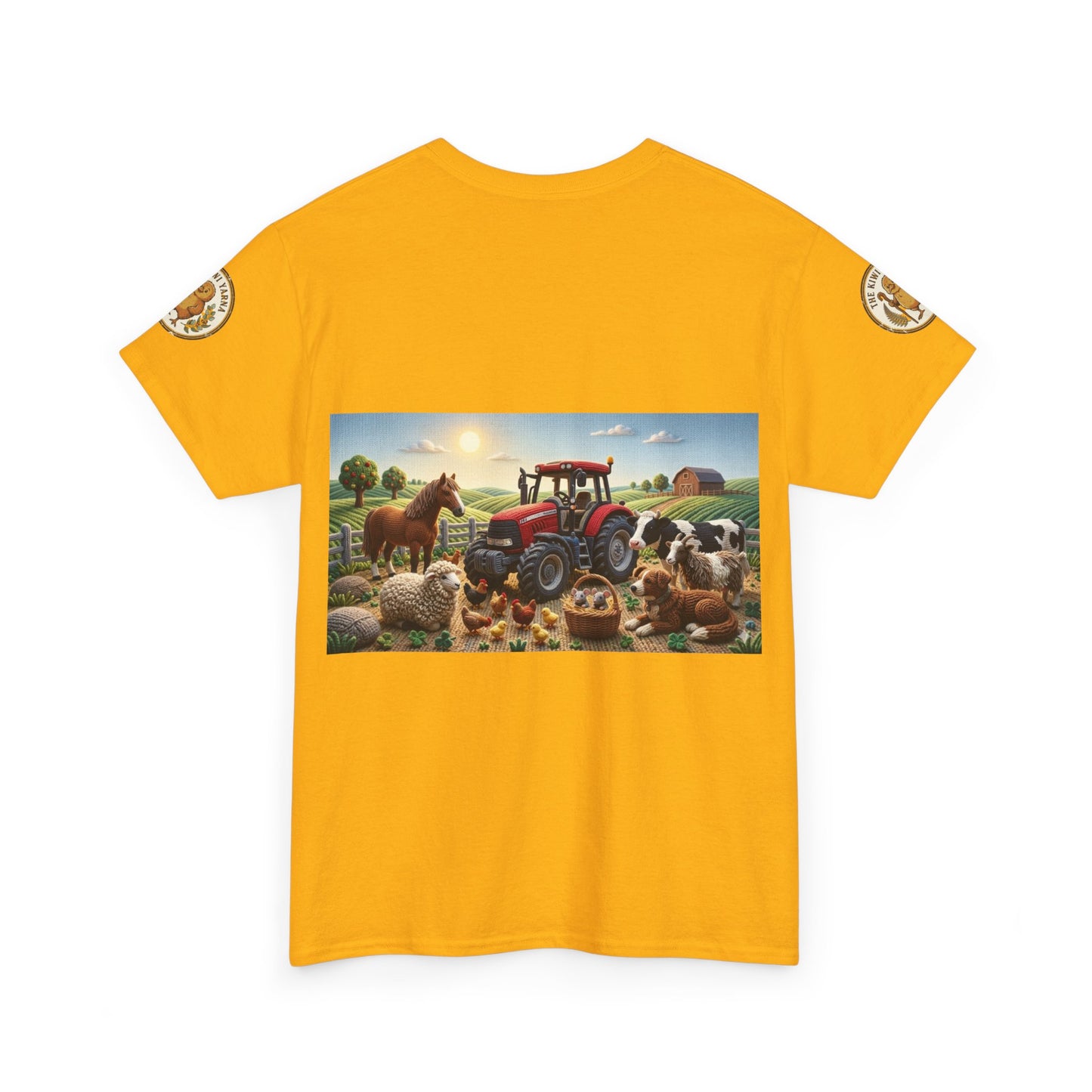 Gold/yellow T-shirt with front farm graphic featuring a red tractor and animals.