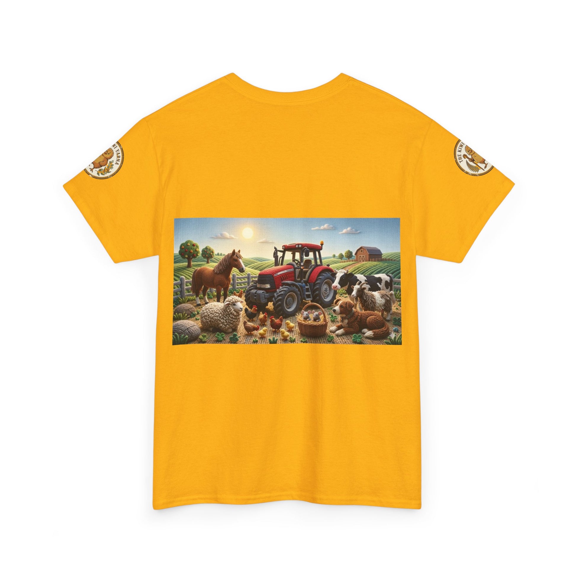 Gold/yellow T-shirt with front farm graphic featuring a red tractor and animals.