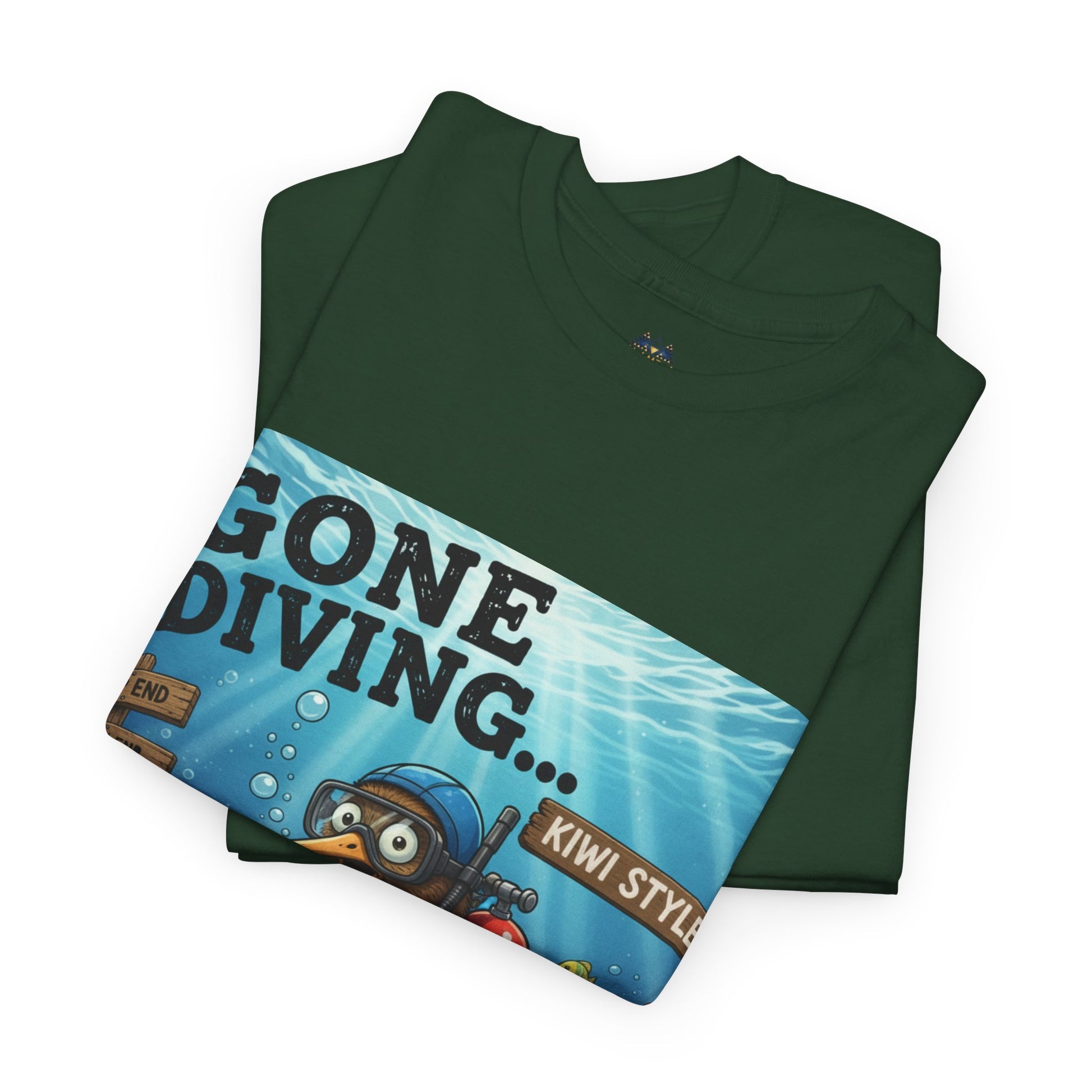 Dark green graphic T-shirt laid flat with “Gone Diving” text across the front
