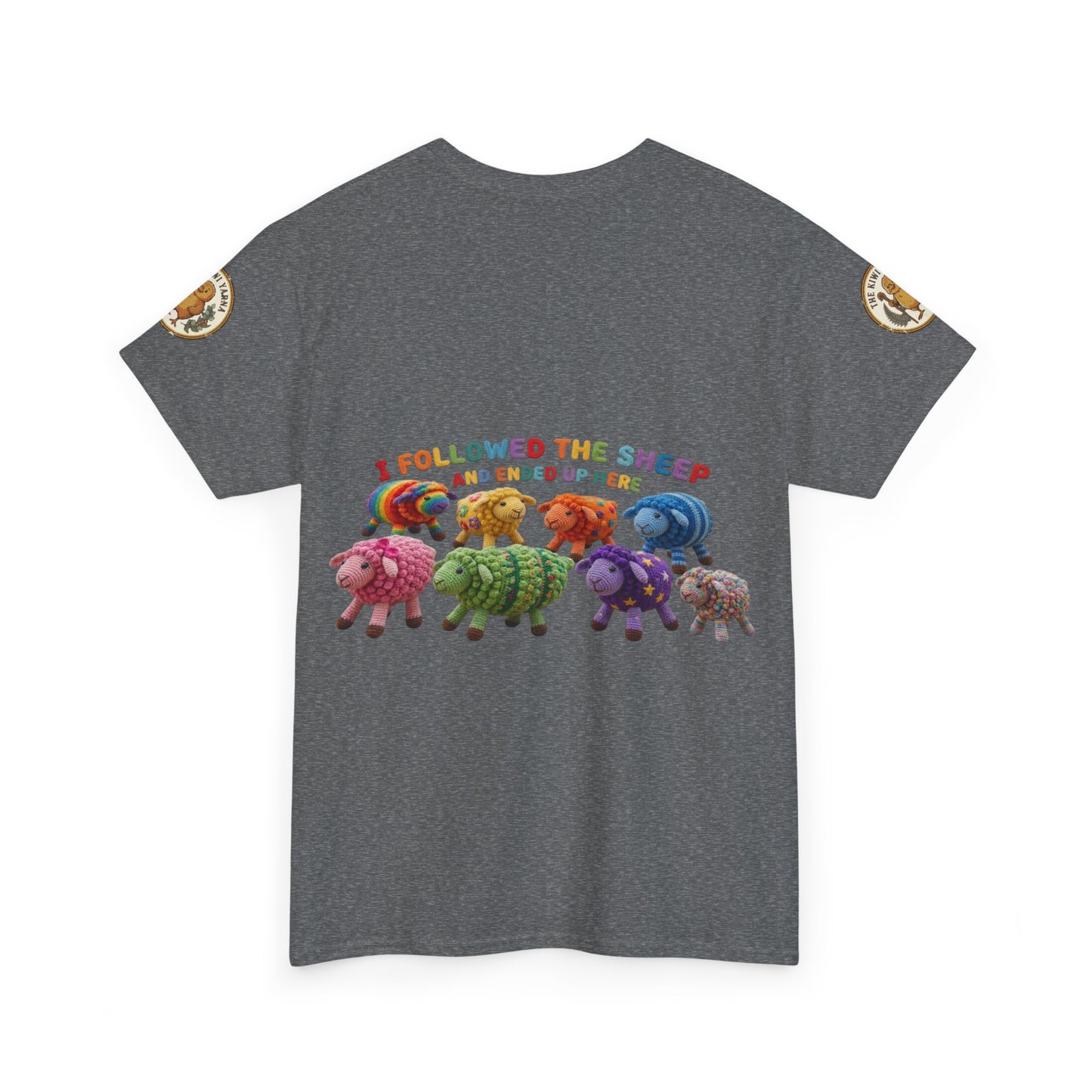 Charcoal gray T-shirt with colorful sheep graphic and small circular sleeve patches