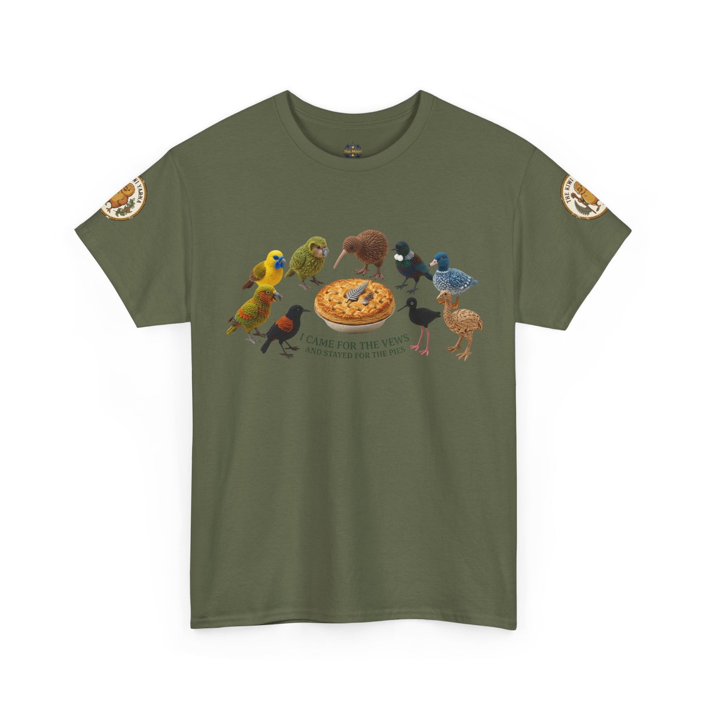 Olive green graphic T-shirt with birds-and-pizza print and round sleeve patches